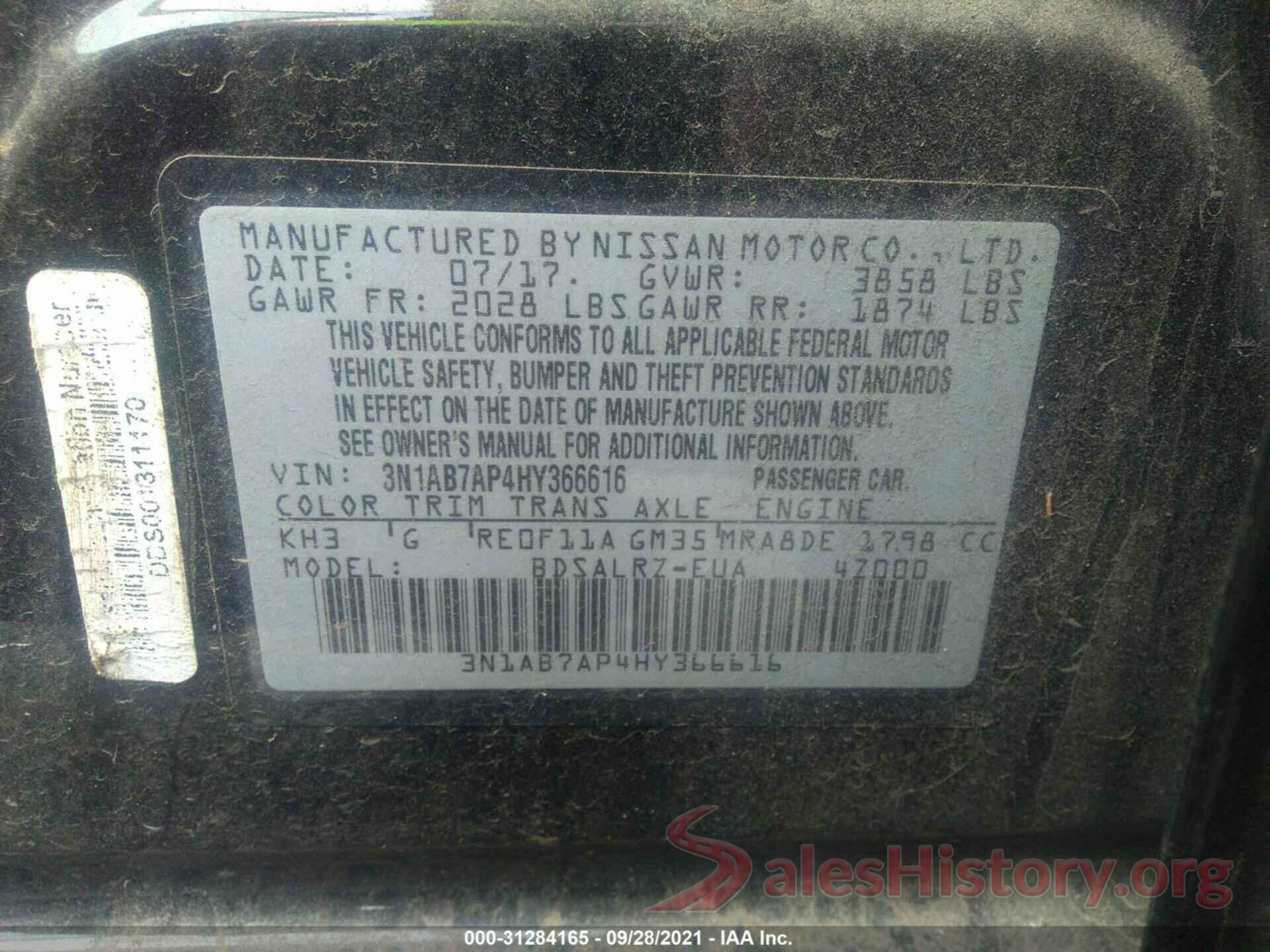 3N1AB7AP4HY366616 2017 NISSAN SENTRA