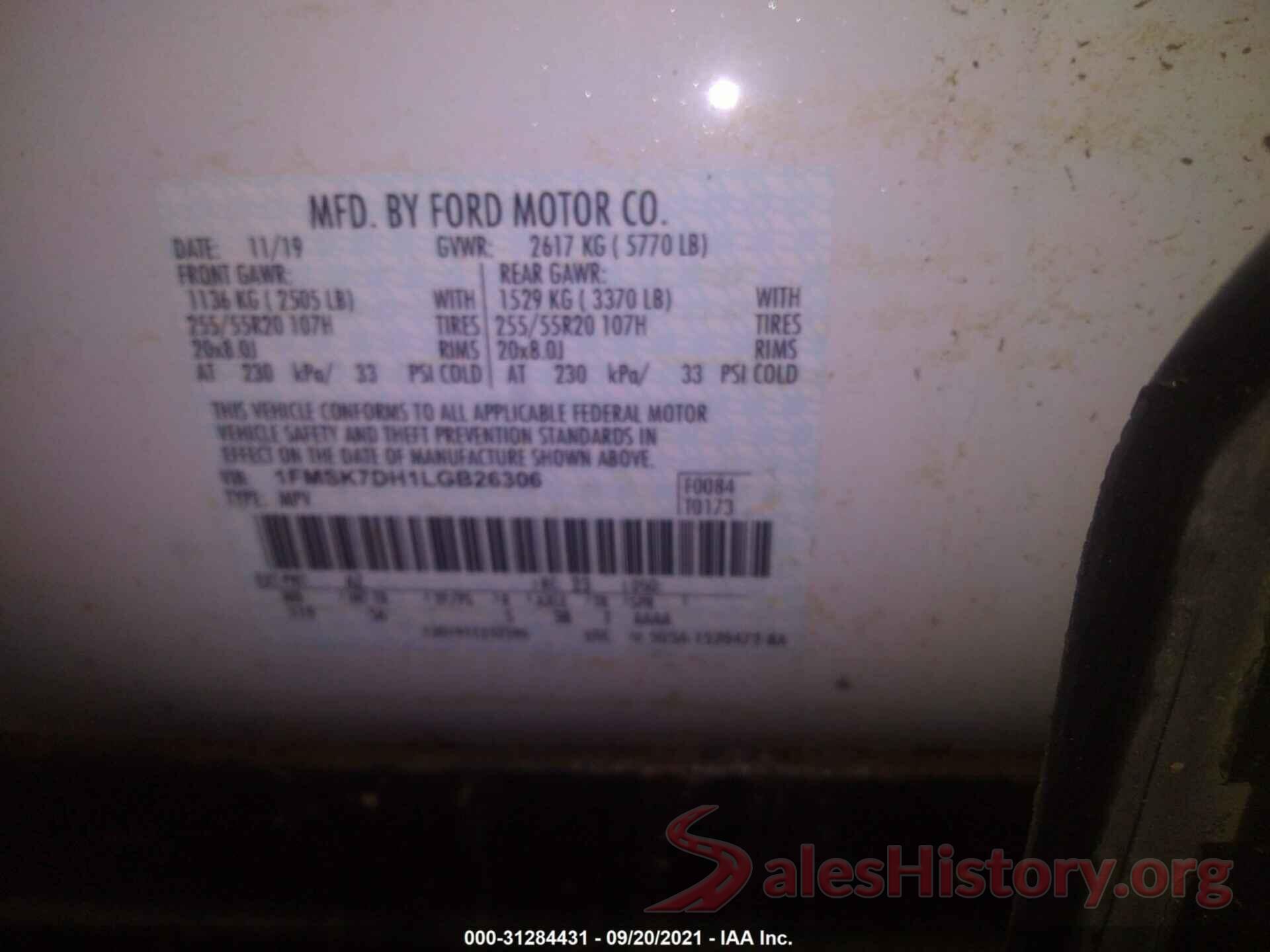 1FMSK7DH1LGB26306 2020 FORD EXPLORER