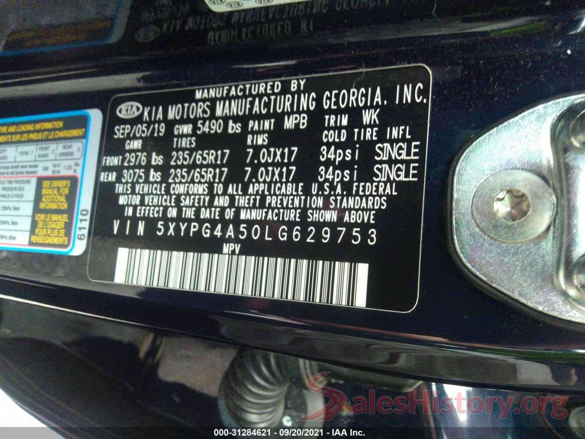 5XYPG4A50LG629753 2020 KIA SORENTO