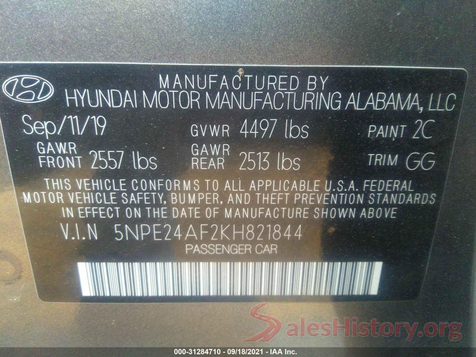 5NPE24AF2KH821844 2019 HYUNDAI SONATA