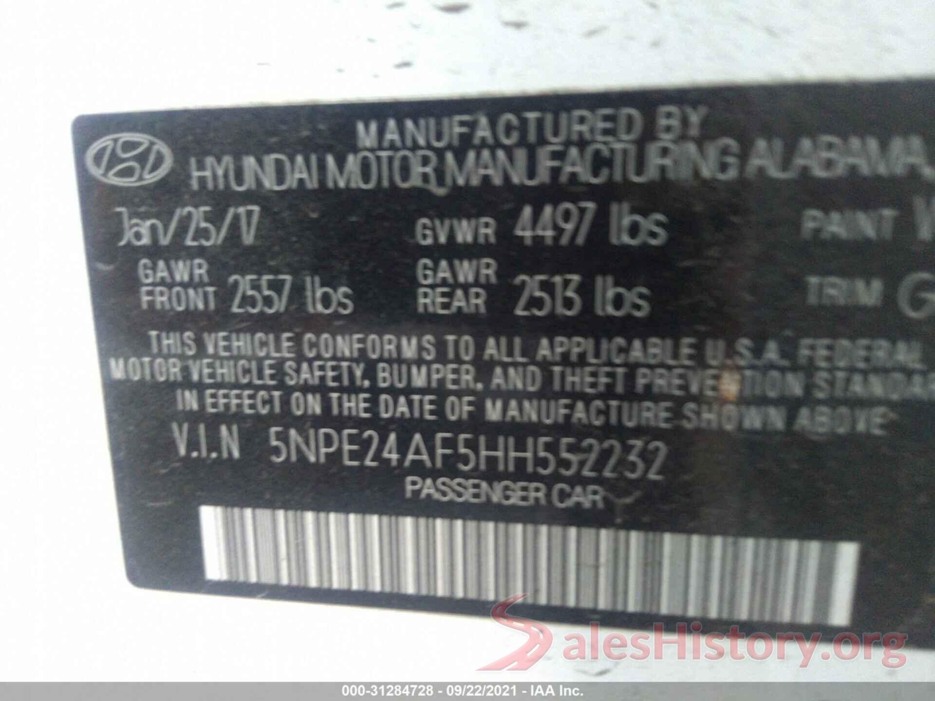 5NPE24AF5HH552232 2017 HYUNDAI SONATA