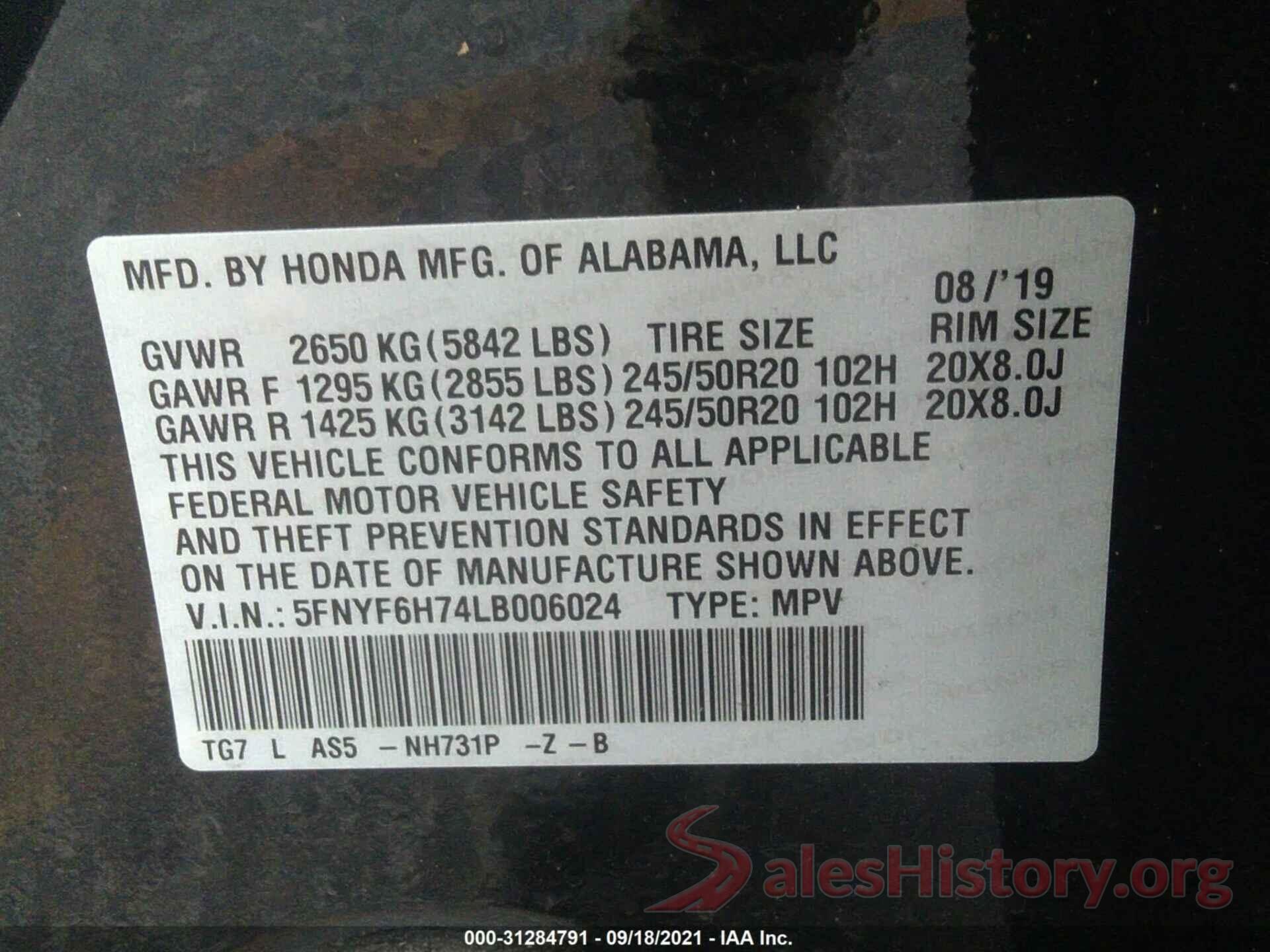 5FNYF6H74LB006024 2020 HONDA PILOT