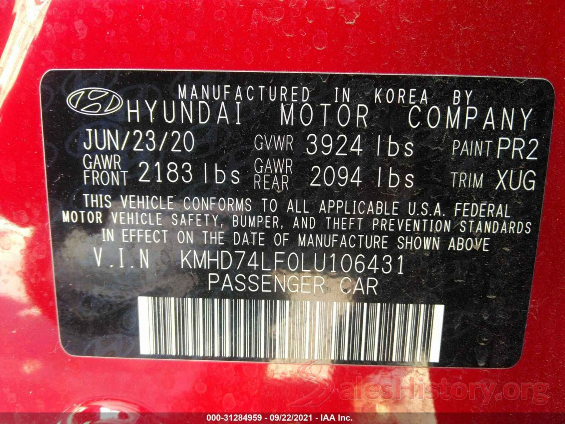 KMHD74LF0LU106431 2020 HYUNDAI ELANTRA