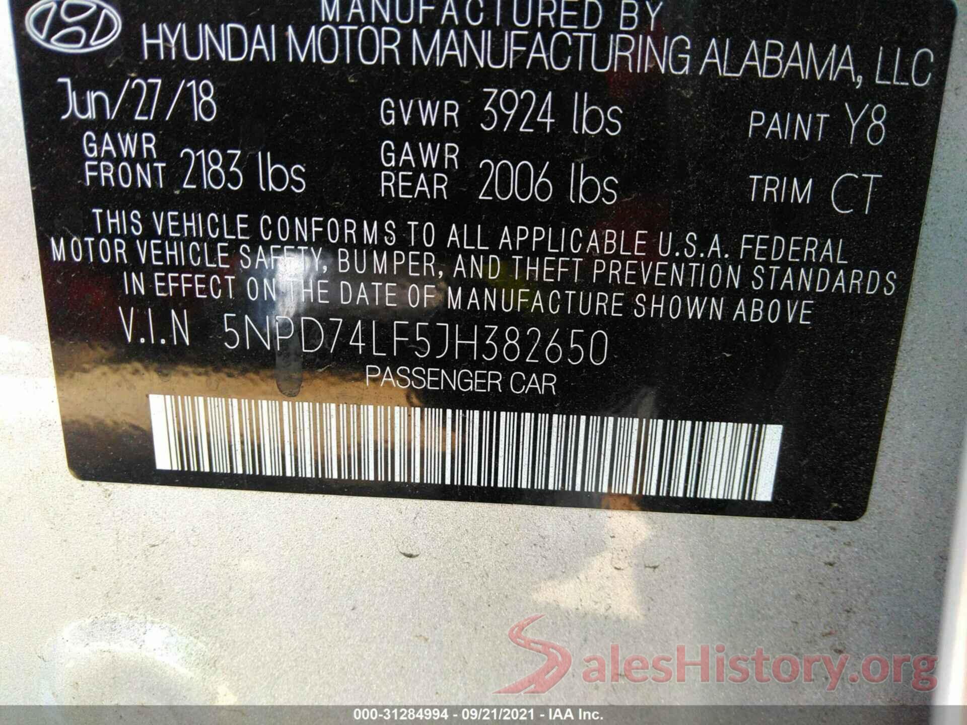 5NPD74LF5JH382650 2018 HYUNDAI ELANTRA