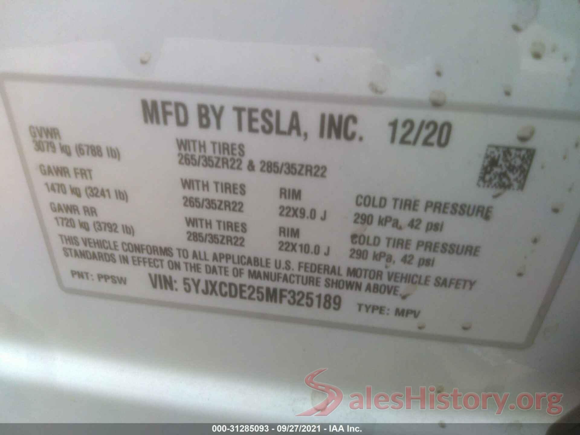 5YJXCDE25MF325189 2021 TESLA MODEL X