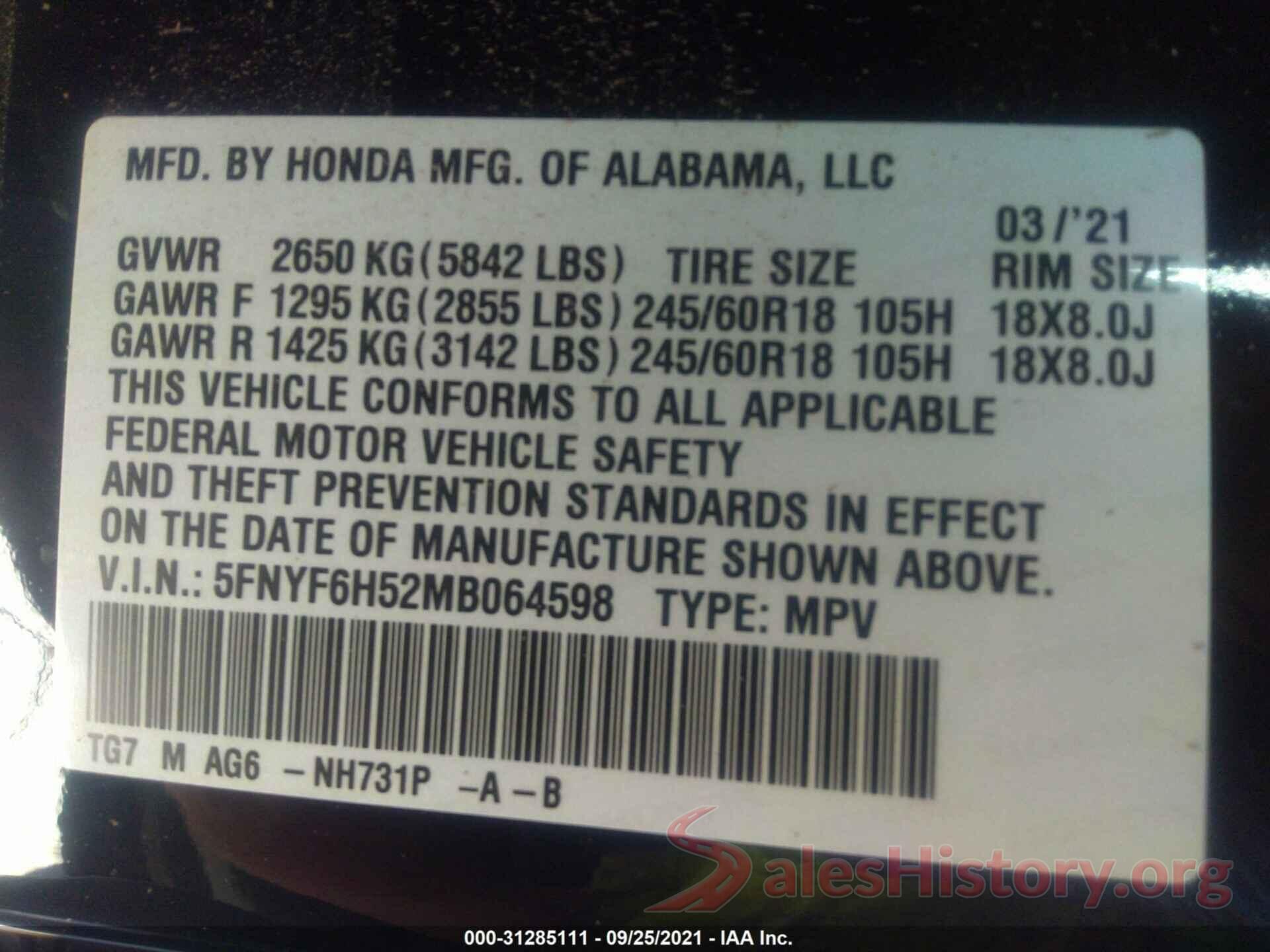 5FNYF6H52MB064598 2021 HONDA PILOT