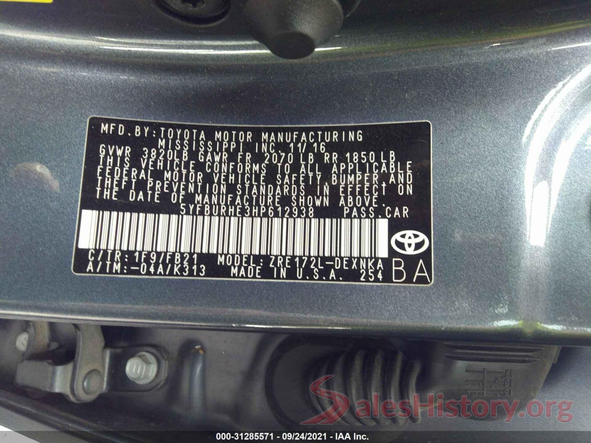 5YFBURHE3HP612938 2017 TOYOTA COROLLA