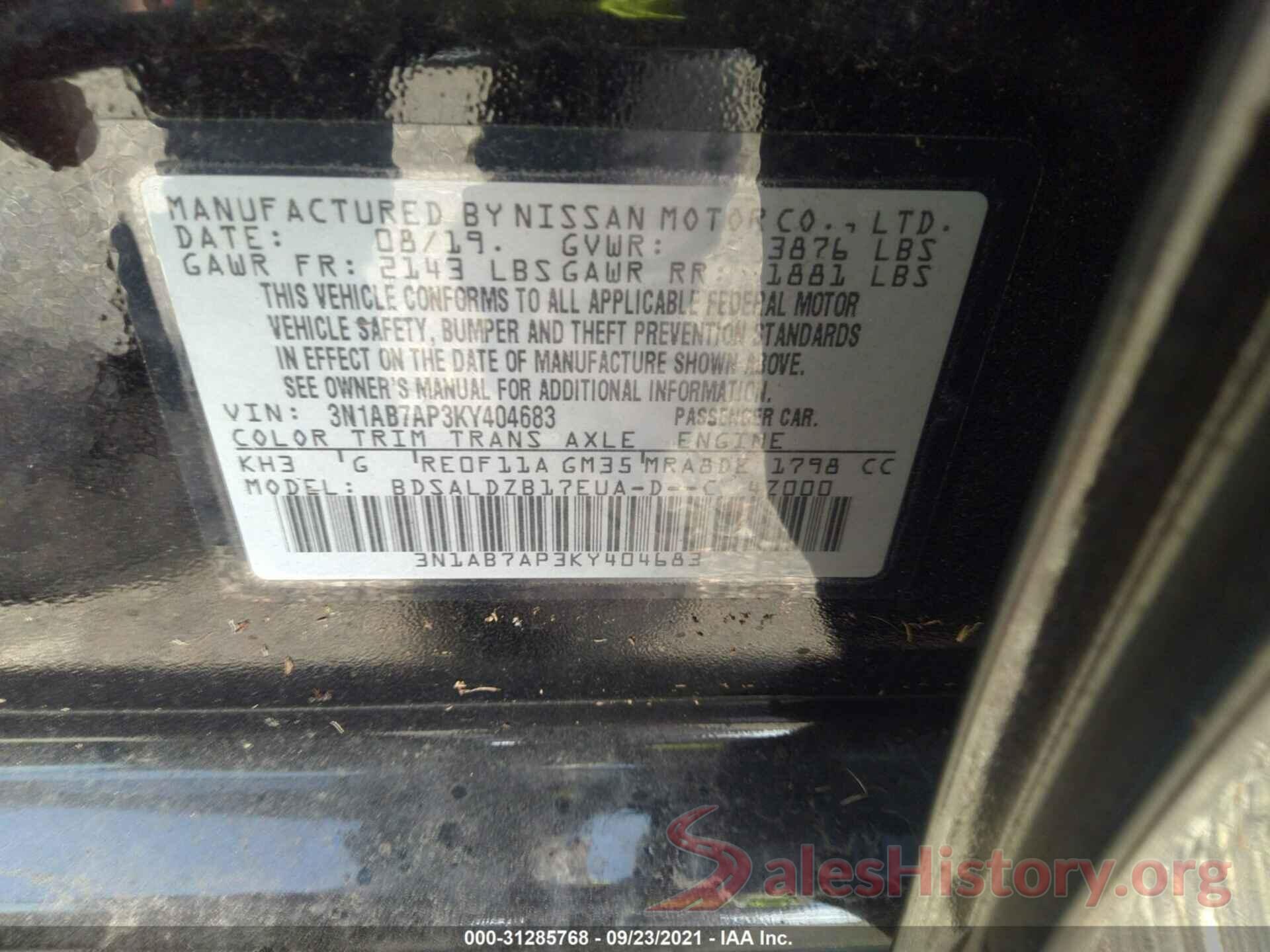 3N1AB7AP3KY404683 2019 NISSAN SENTRA