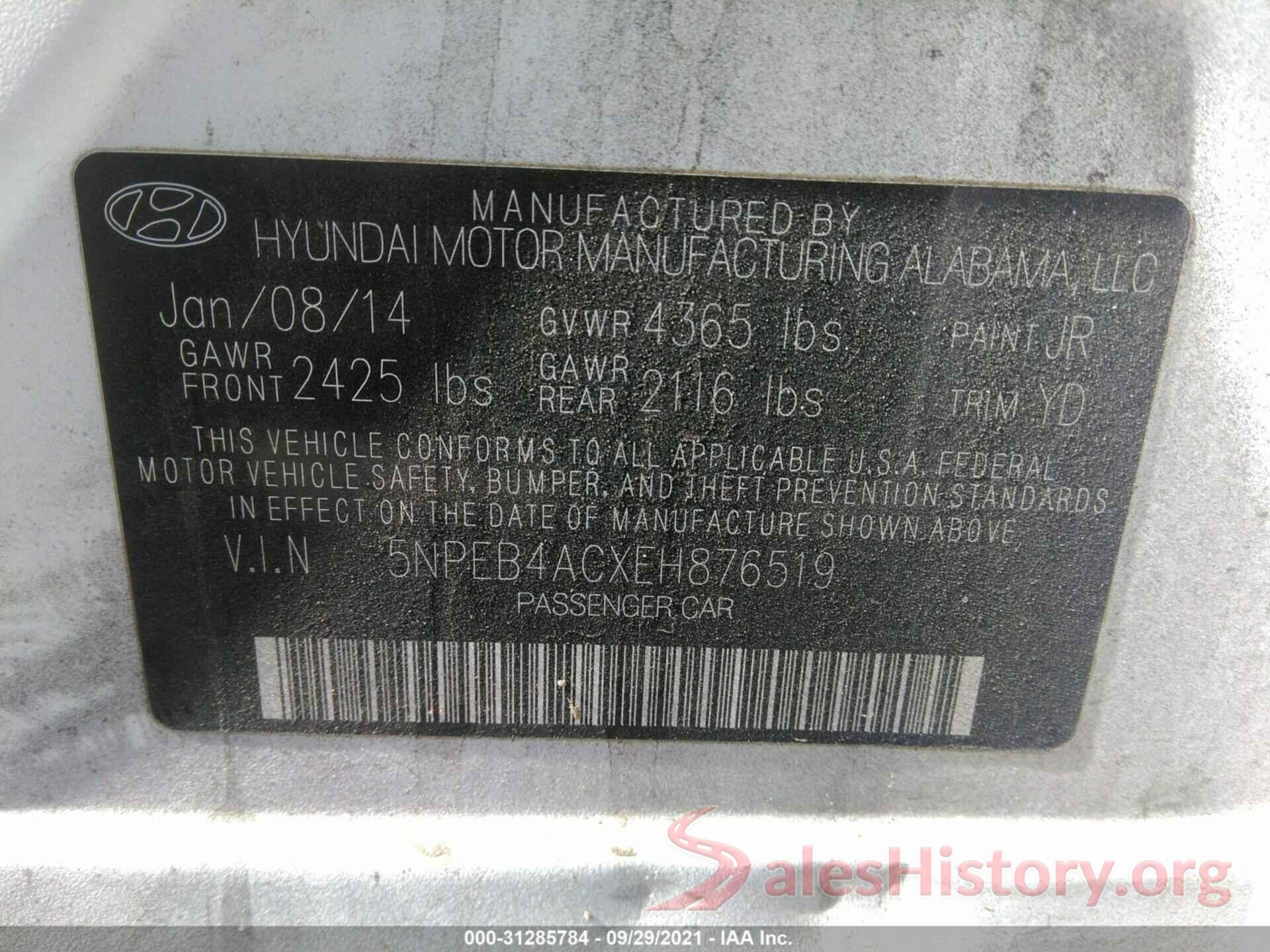 5NPEB4ACXEH876519 2014 HYUNDAI SONATA