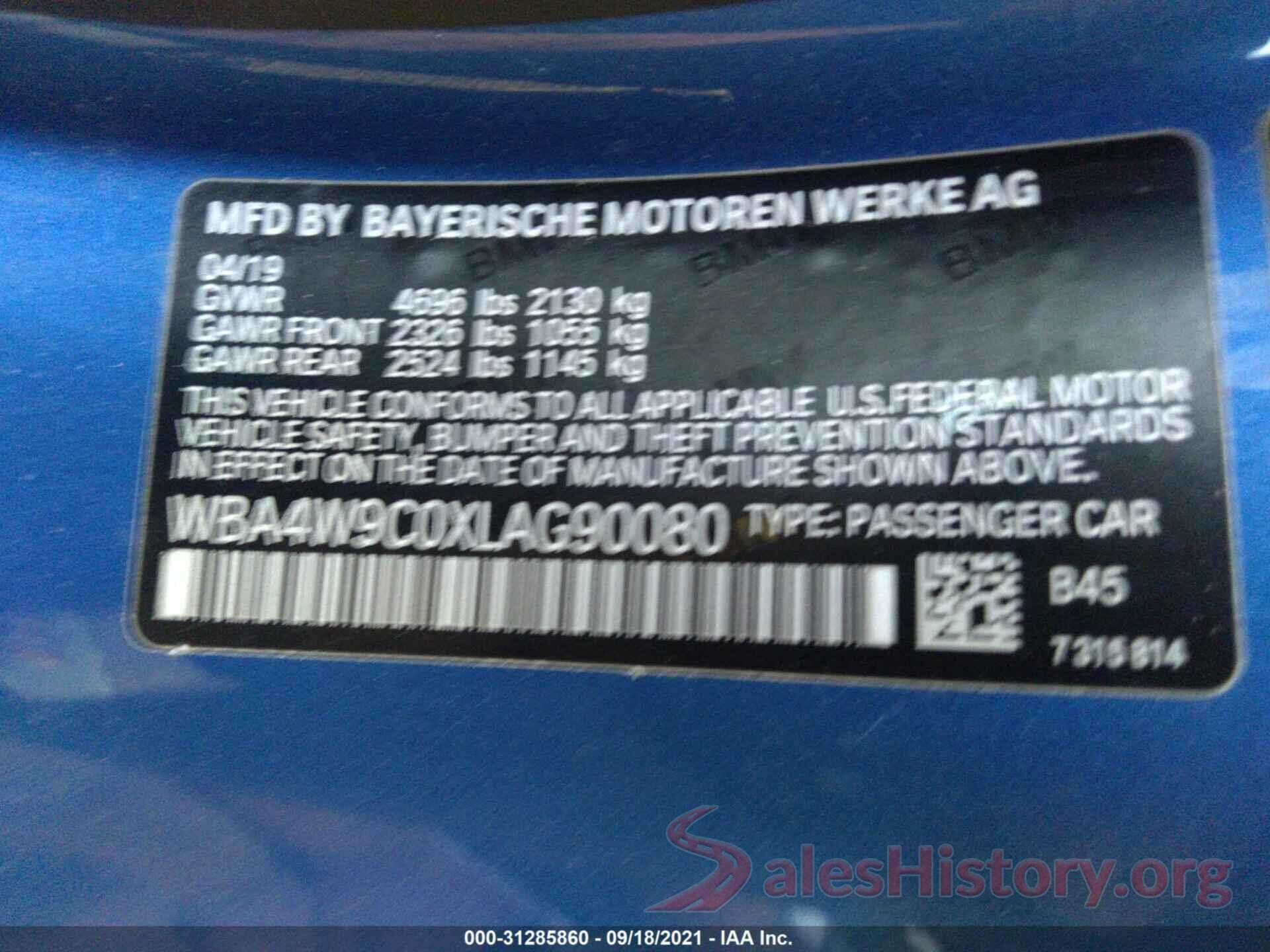 WBA4W9C0XLAG90080 2020 BMW 4 SERIES