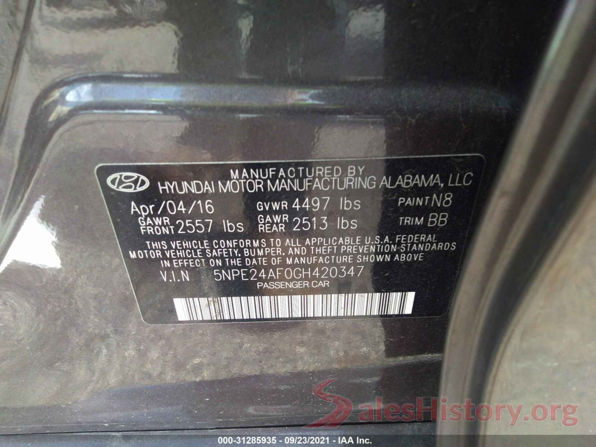 5NPE24AF0GH420347 2016 HYUNDAI SONATA