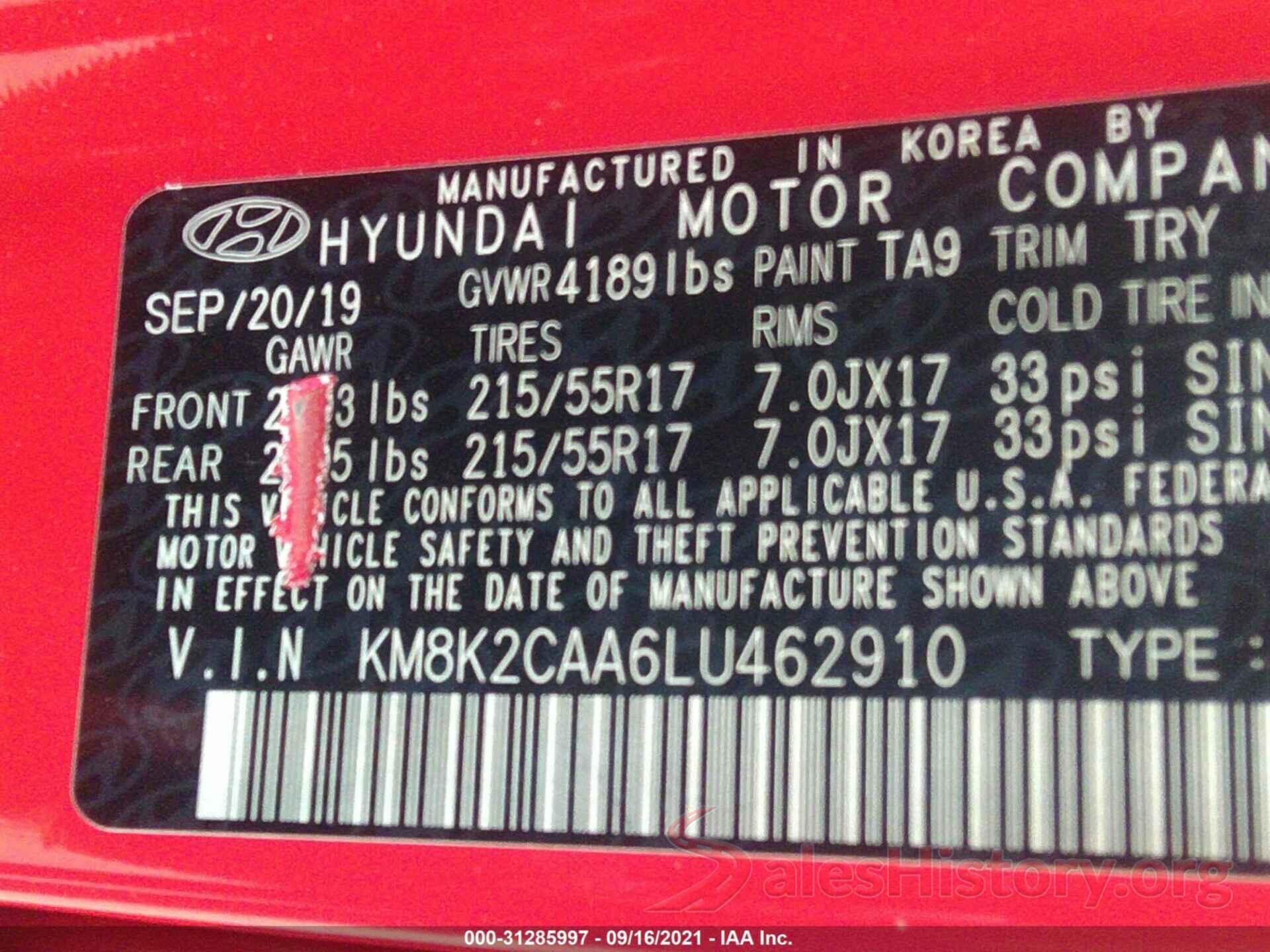 KM8K2CAA6LU462910 2020 HYUNDAI KONA