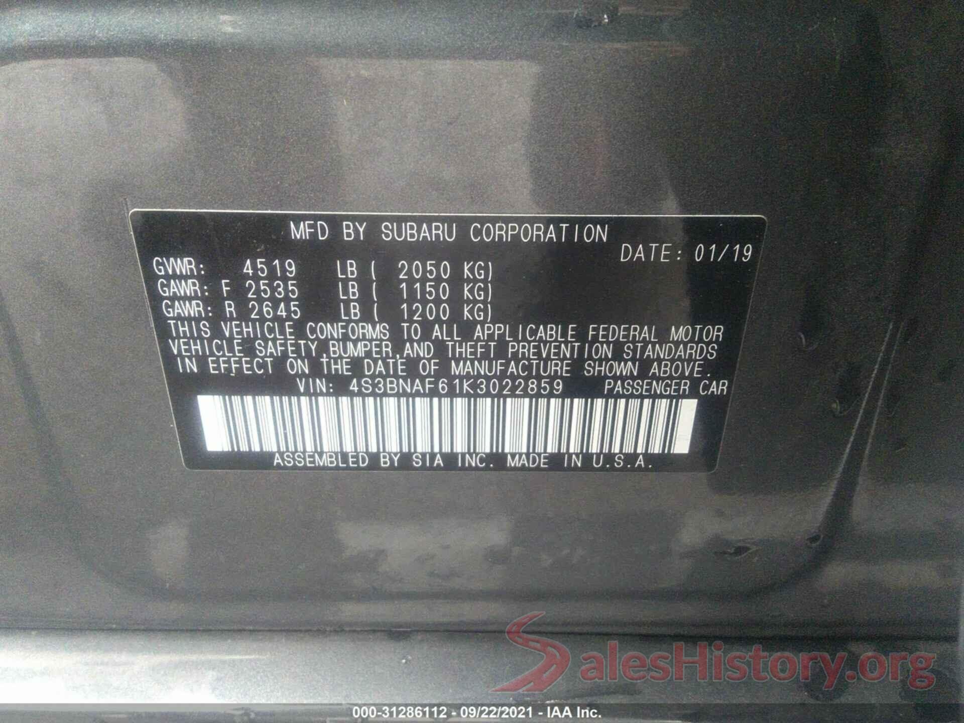 4S3BNAF61K3022859 2019 SUBARU LEGACY