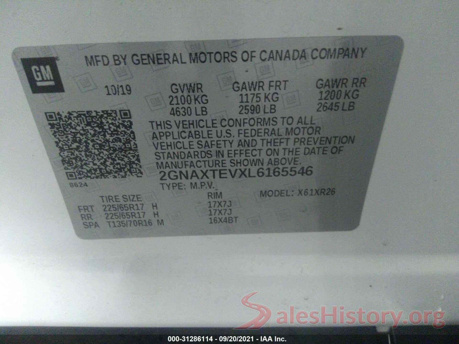 2GNAXTEVXL6165546 2020 CHEVROLET EQUINOX