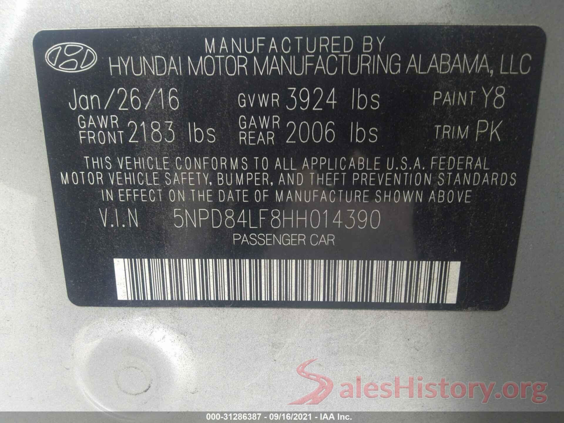 5NPD84LF8HH014390 2017 HYUNDAI ELANTRA