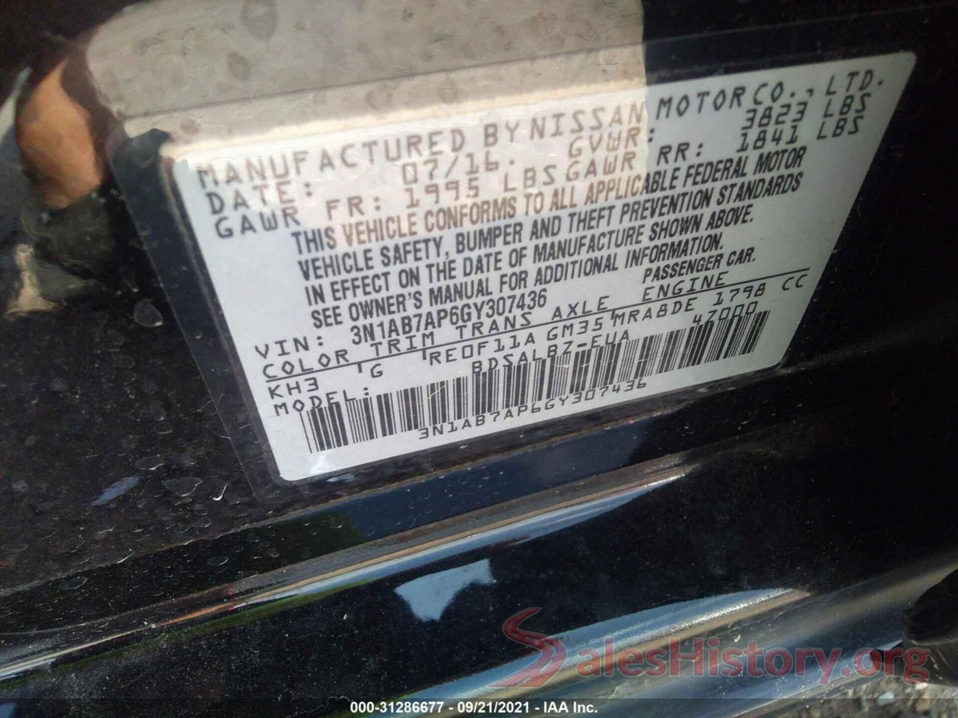 3N1AB7AP6GY307436 2016 NISSAN SENTRA