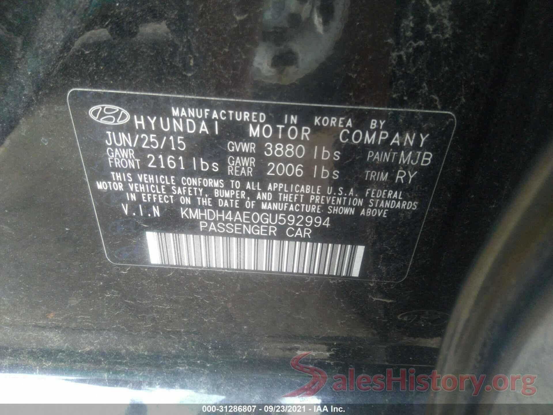 KMHDH4AE0GU592994 2016 HYUNDAI ELANTRA