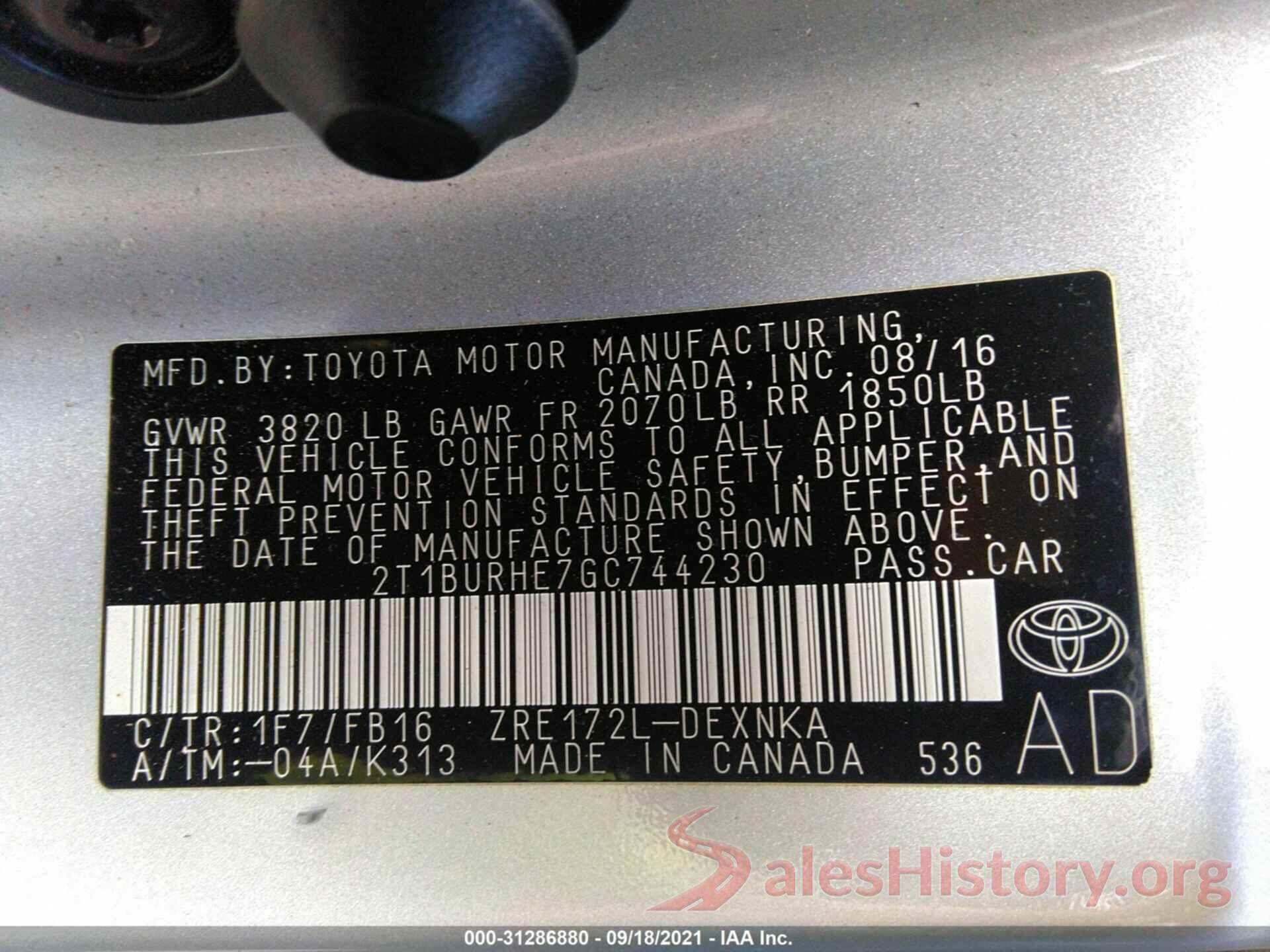 2T1BURHE7GC744230 2016 TOYOTA COROLLA