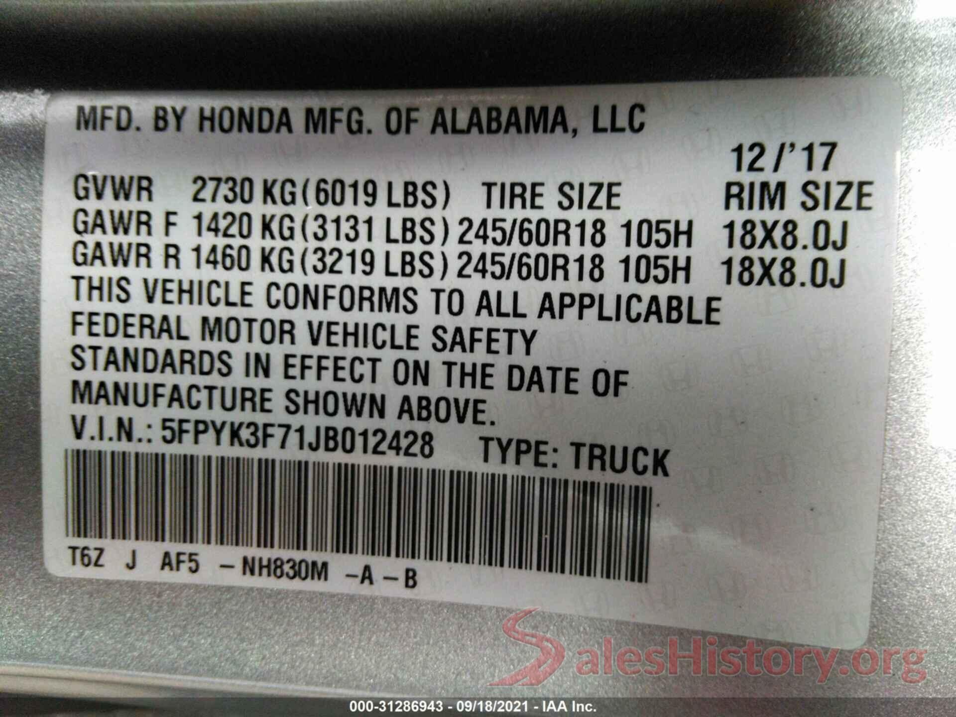 5FPYK3F71JB012428 2018 HONDA RIDGELINE