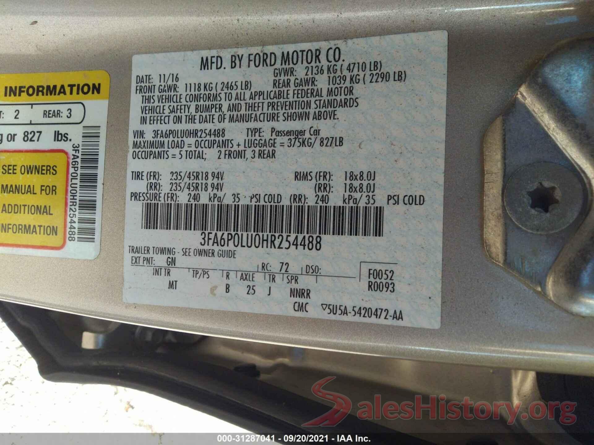 3FA6P0LU0HR254488 2017 FORD FUSION