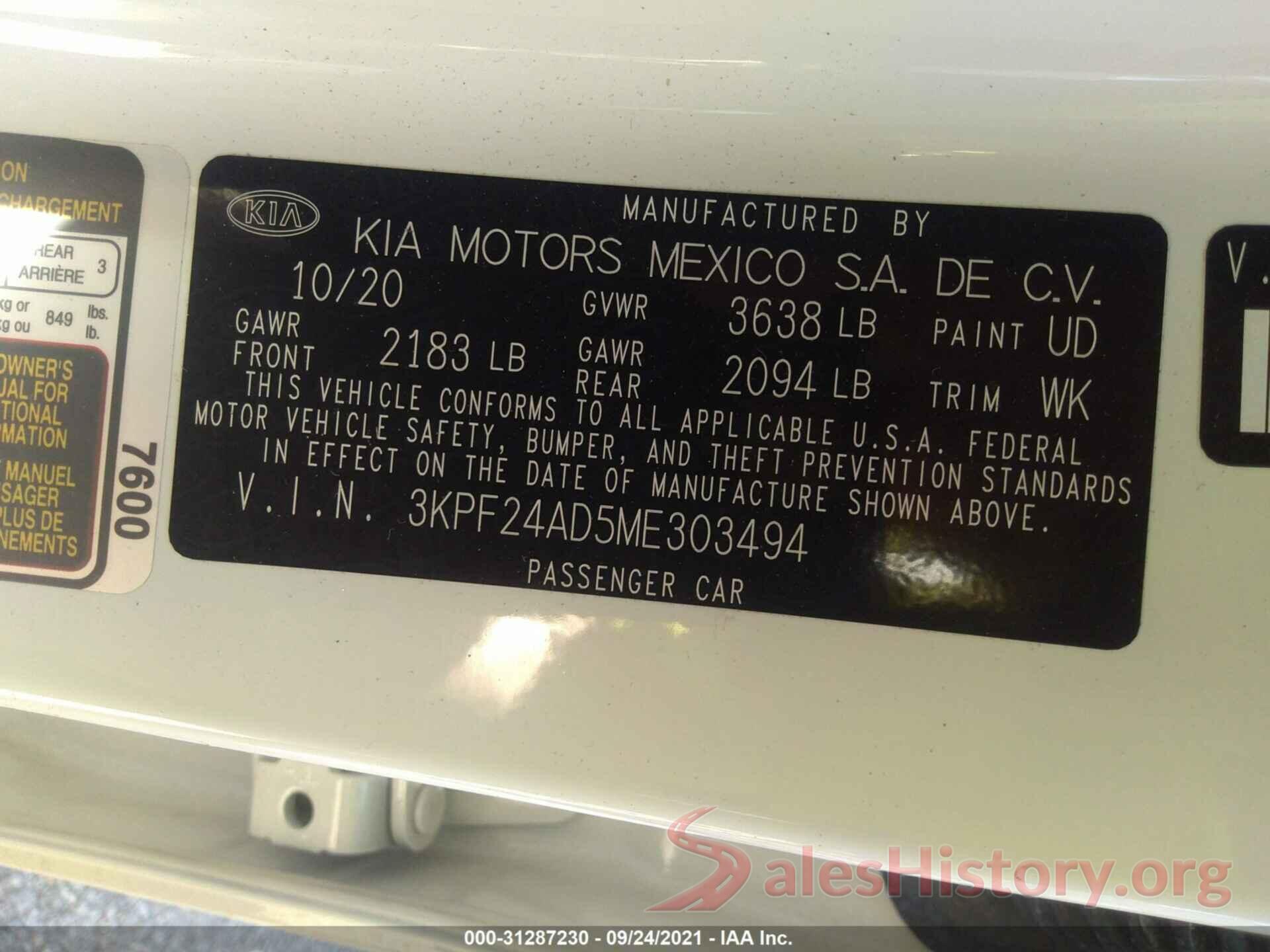 3KPF24AD5ME303494 2021 KIA FORTE