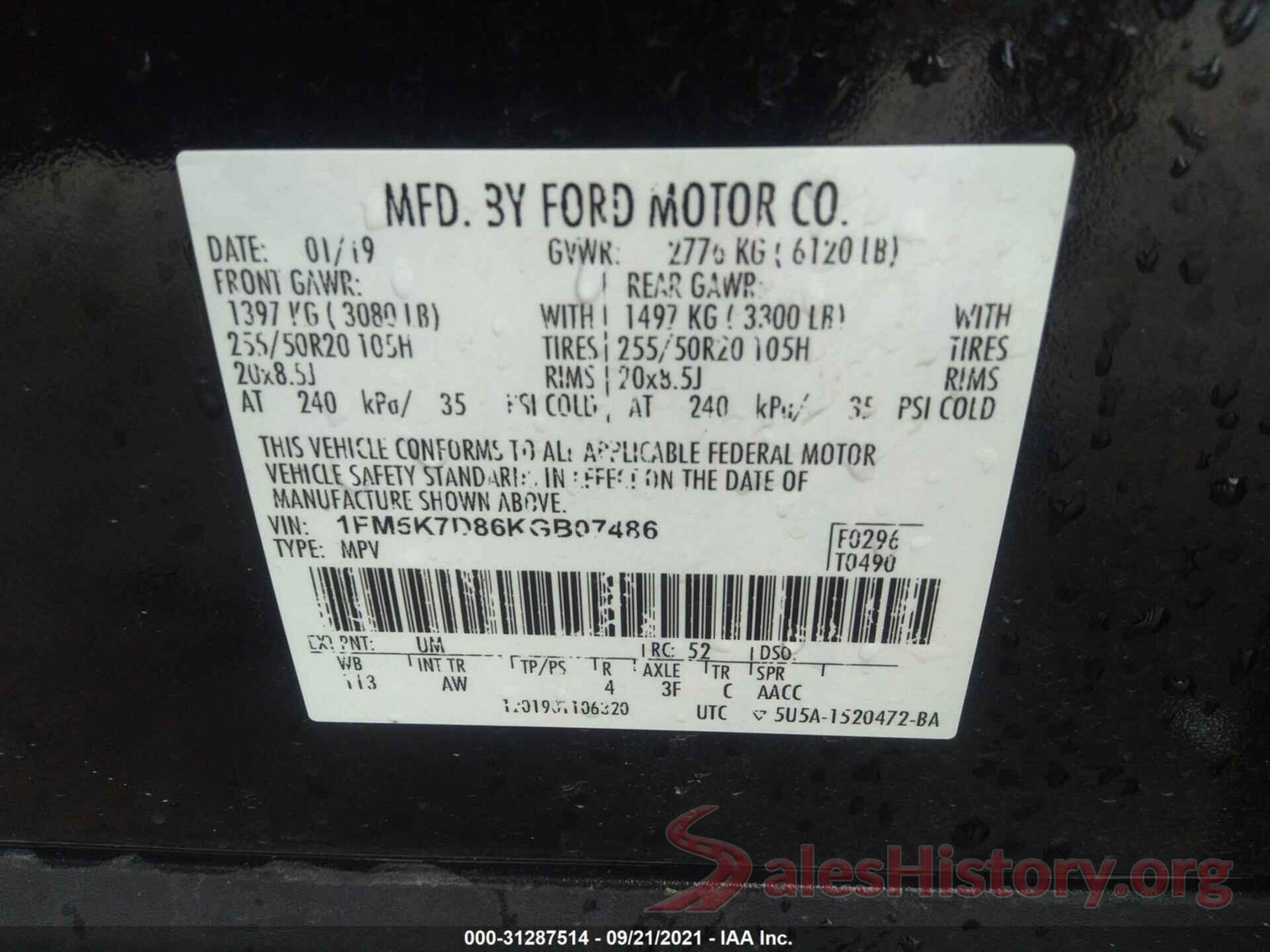 1FM5K7D86KGB07486 2019 FORD EXPLORER