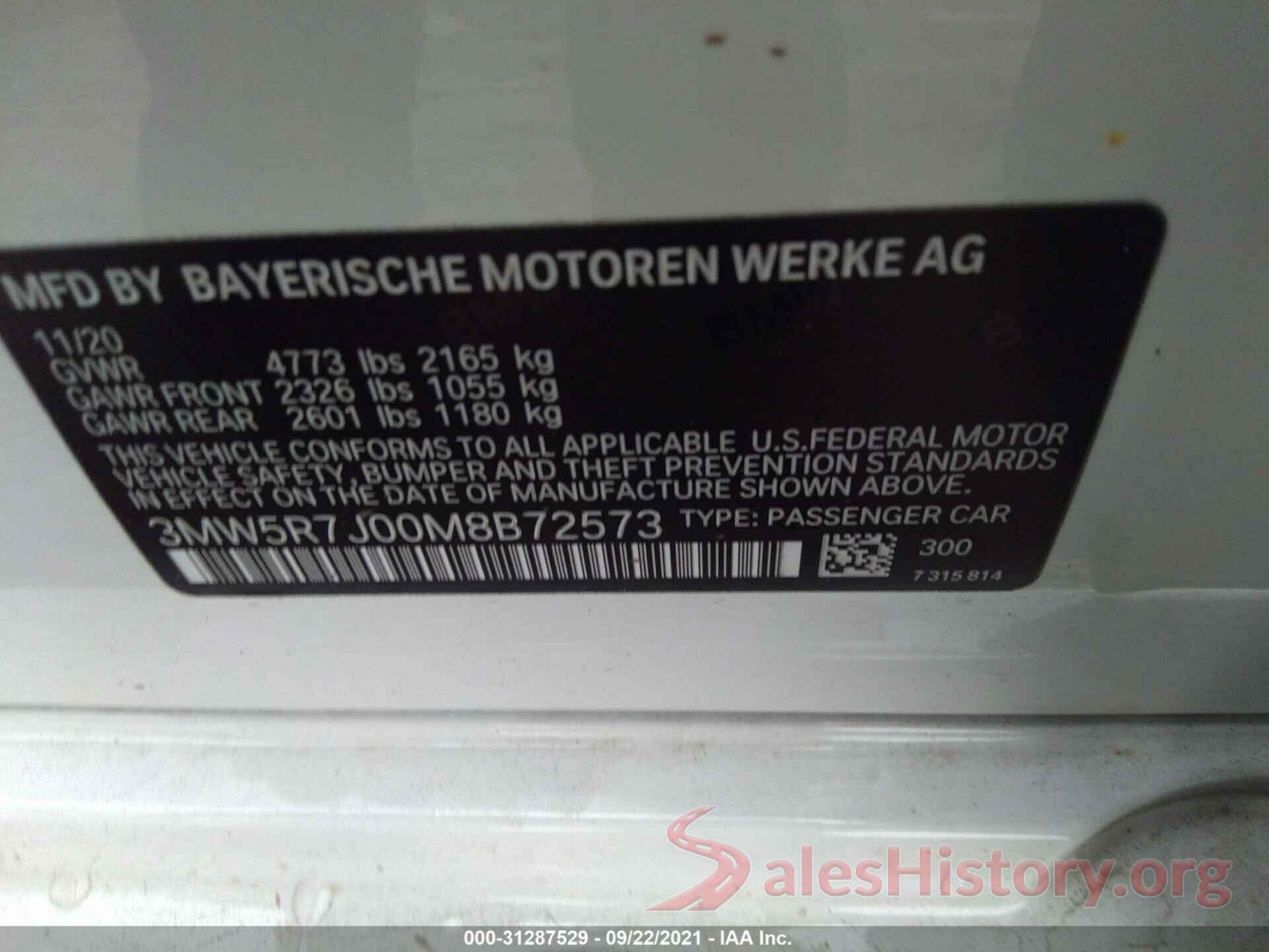 3MW5R7J00M8B72573 2021 BMW 3 SERIES