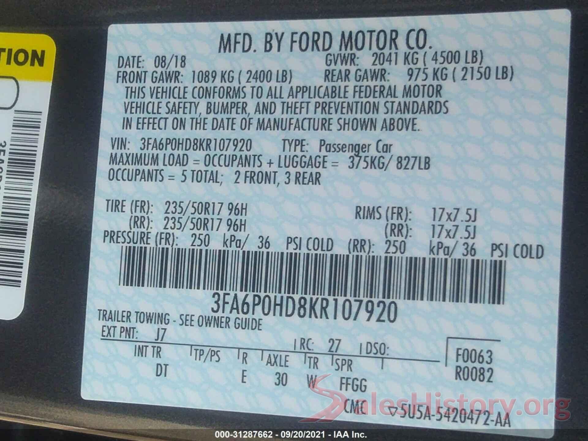 3FA6P0HD8KR107920 2019 FORD FUSION