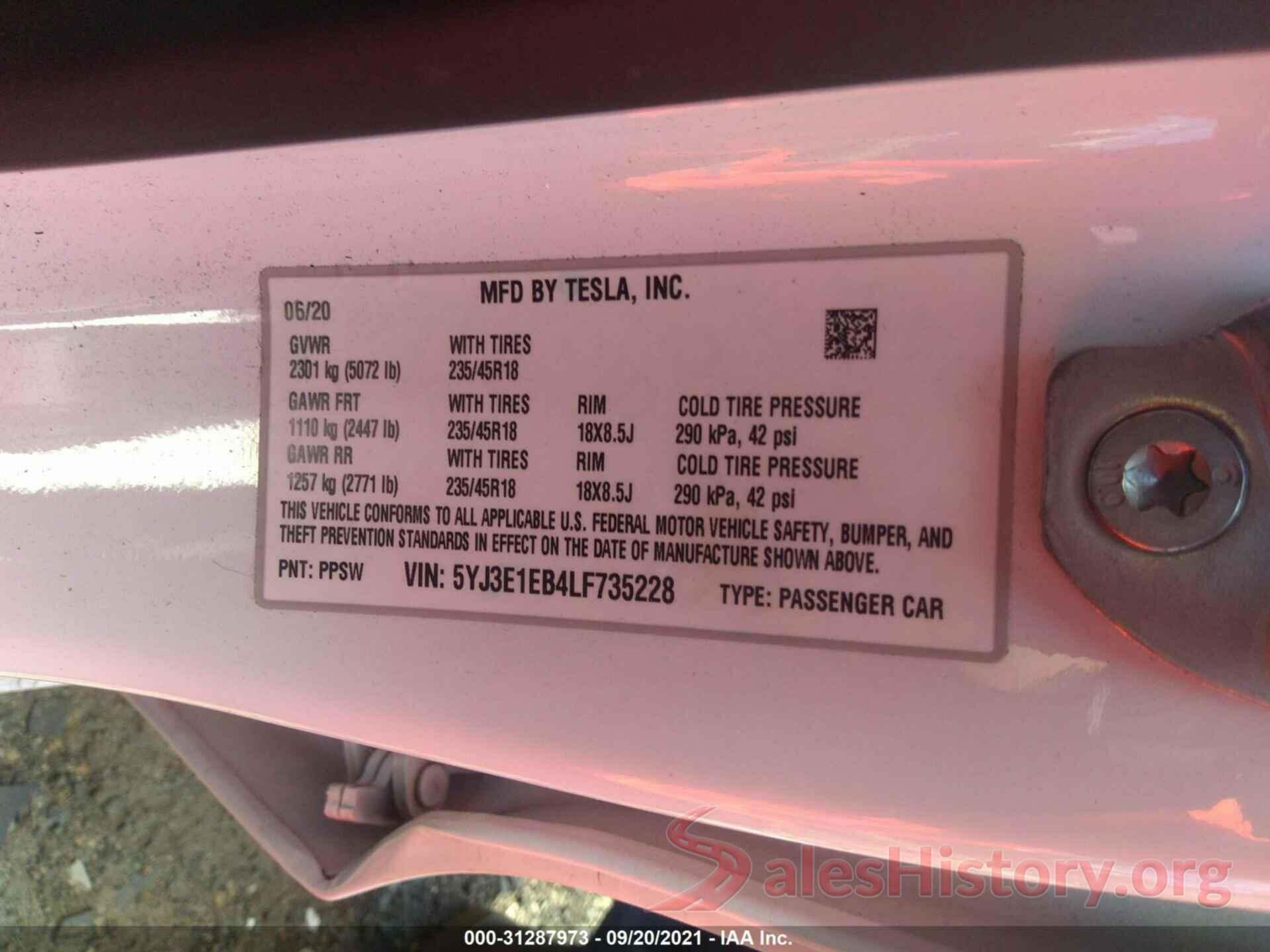 5YJ3E1EB4LF735228 2020 TESLA MODEL 3