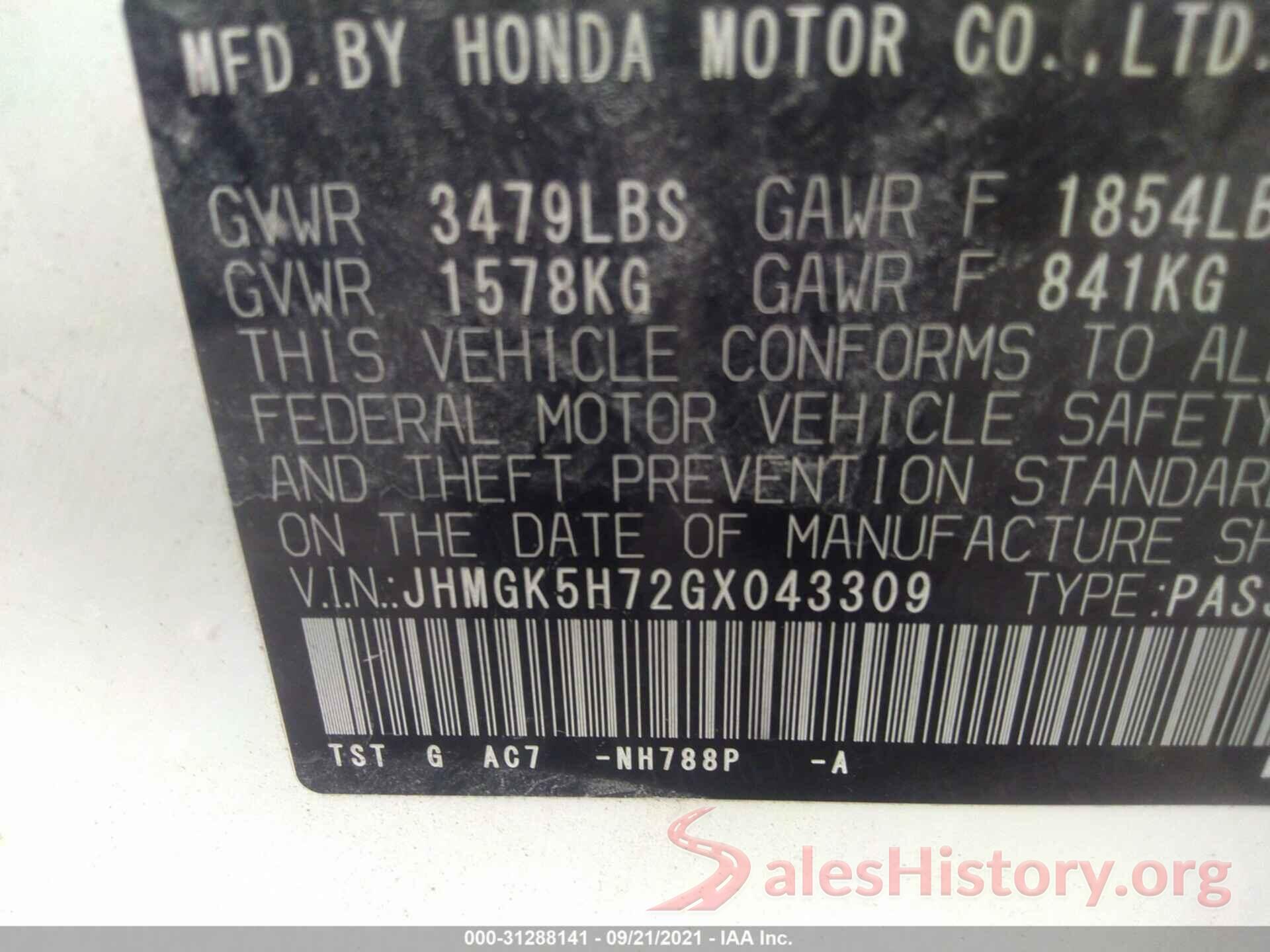 JHMGK5H72GX043309 2016 HONDA FIT