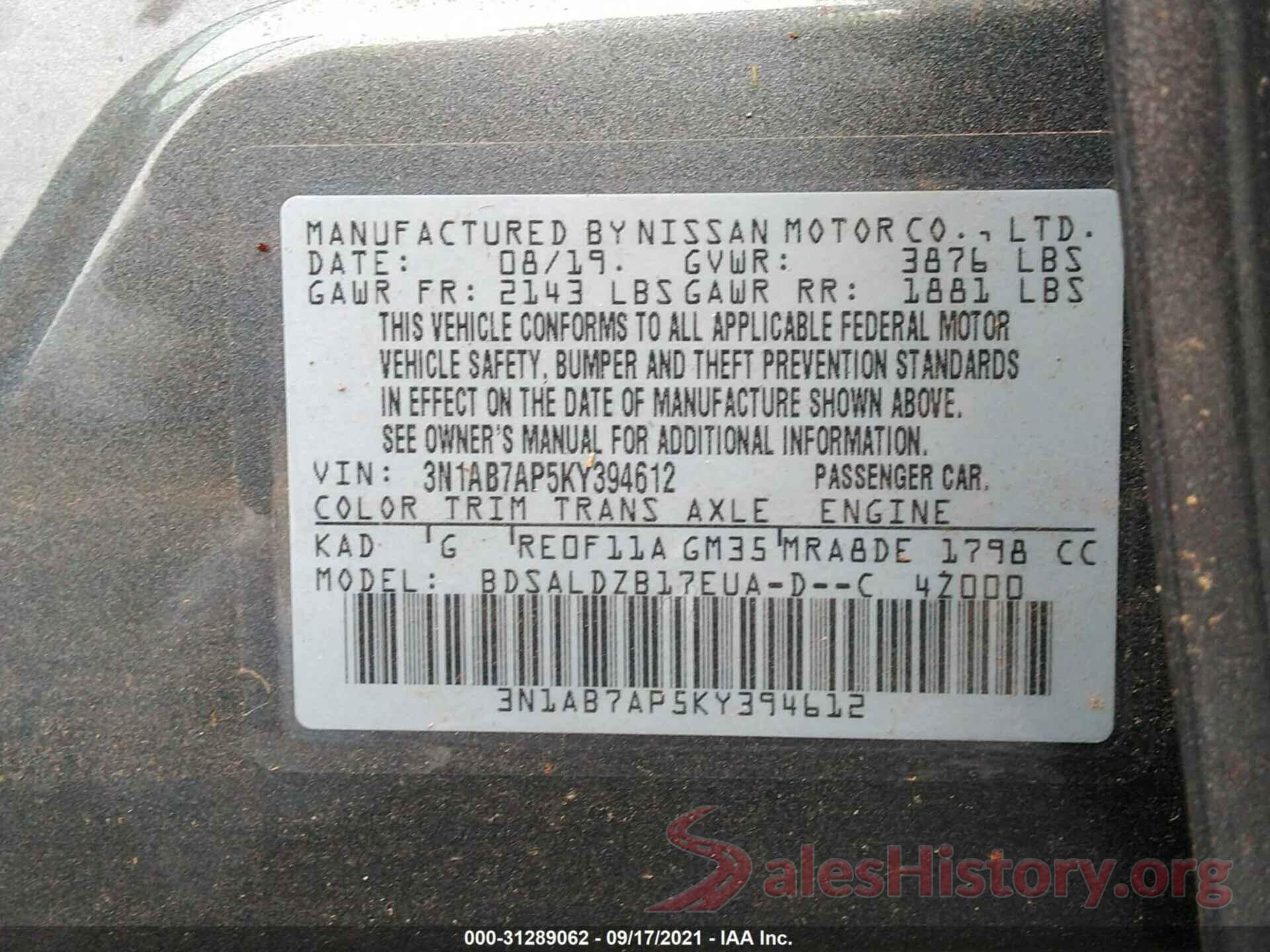 3N1AB7AP5KY394612 2019 NISSAN SENTRA