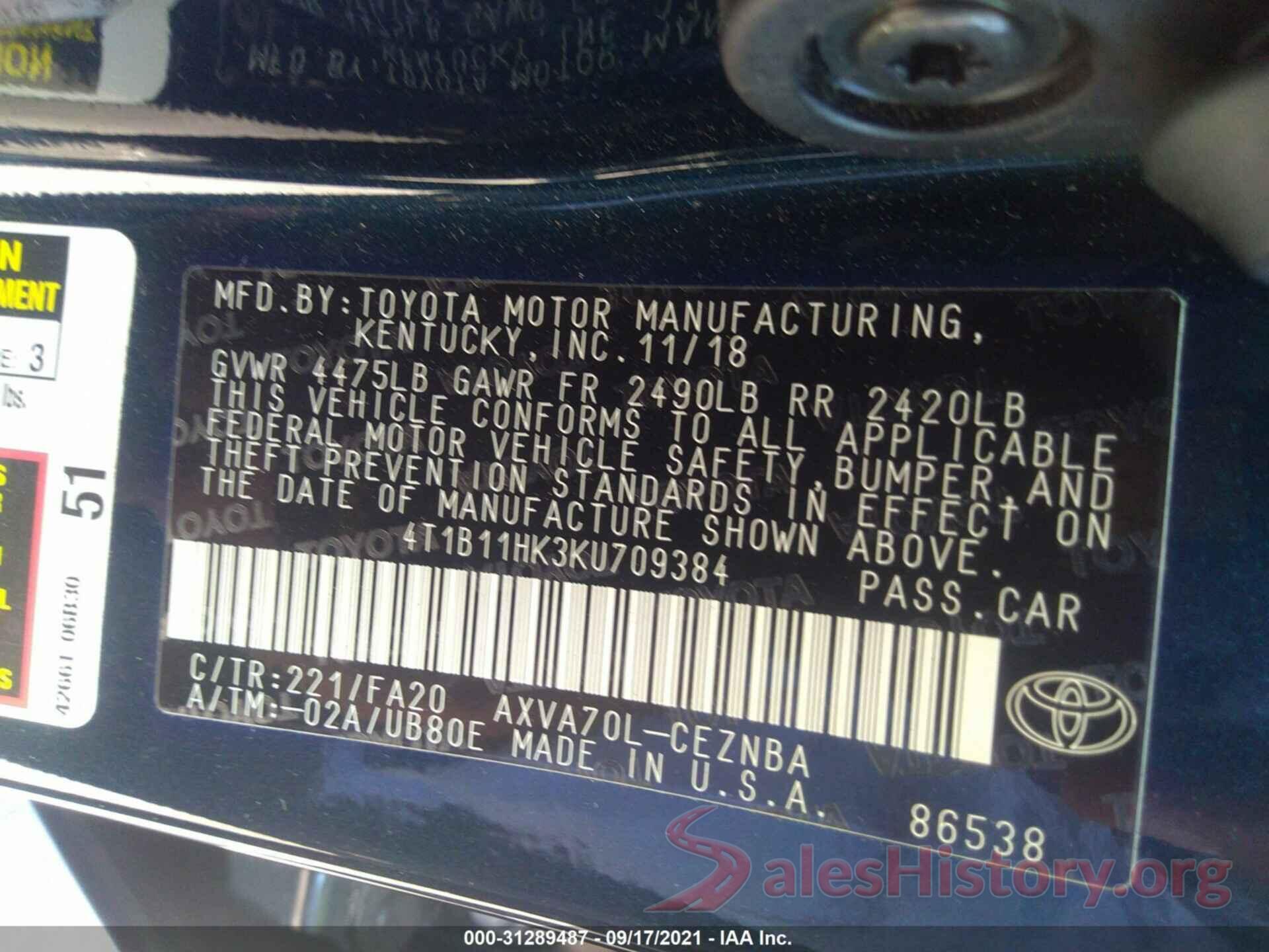 4T1B11HK3KU709384 2019 TOYOTA CAMRY