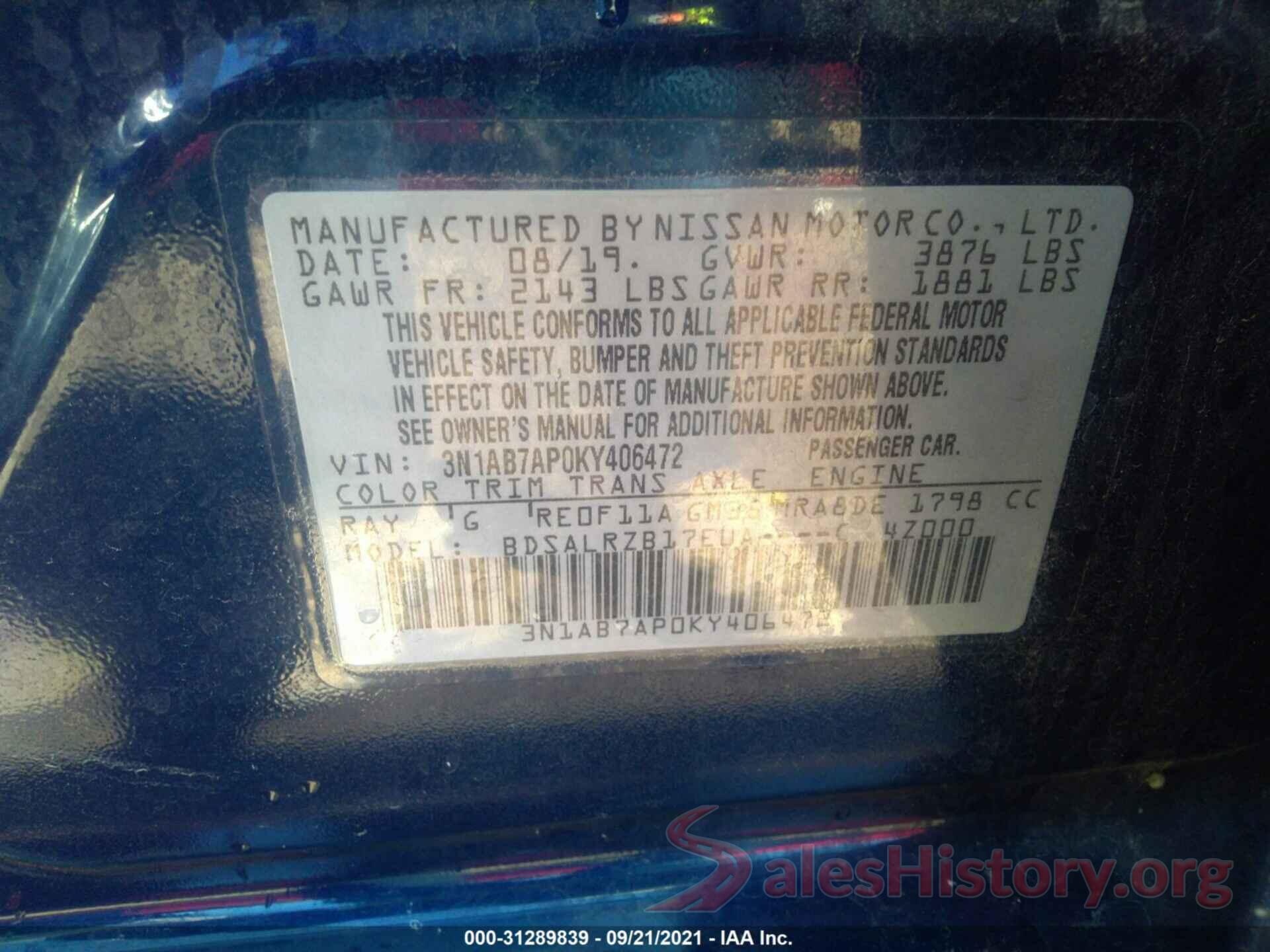 3N1AB7AP0KY406472 2019 NISSAN SENTRA