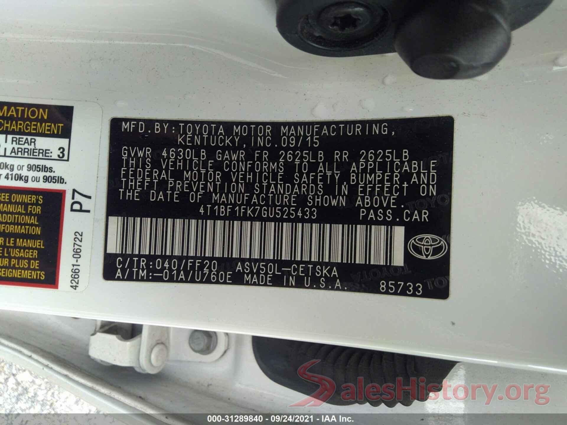 4T1BF1FK7GU525433 2016 TOYOTA CAMRY