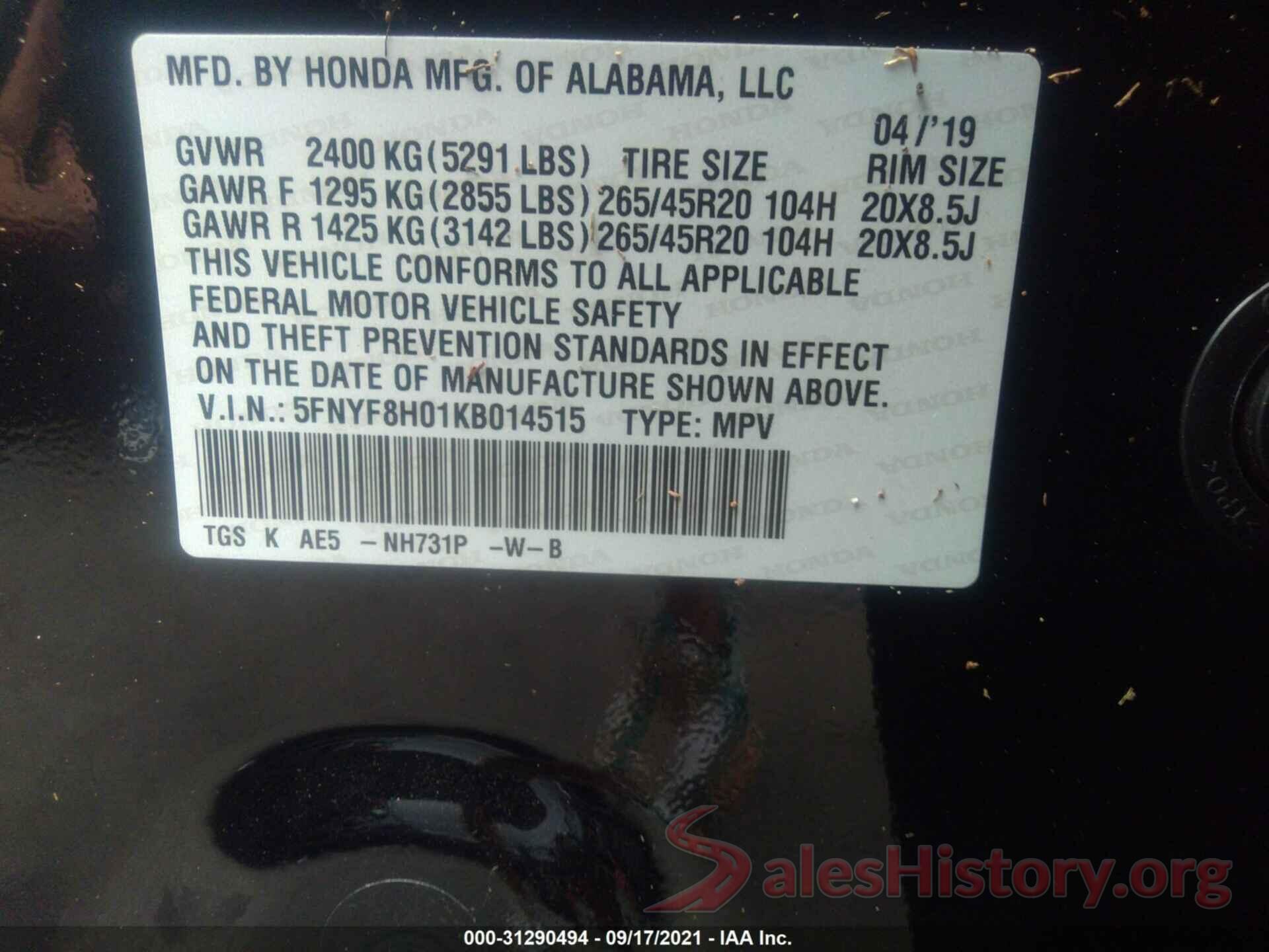 5FNYF8H01KB014515 2019 HONDA PASSPORT