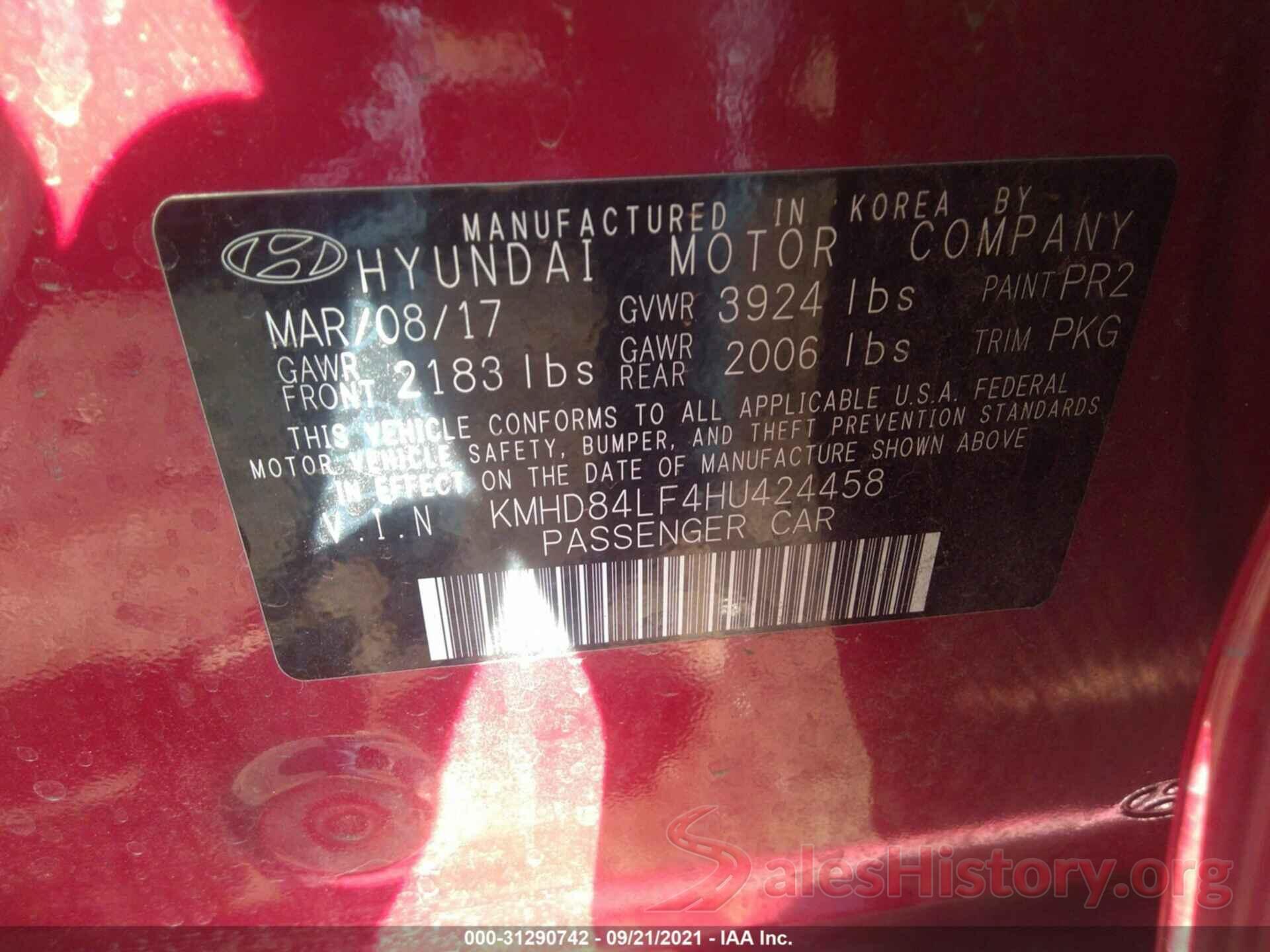 KMHD84LF4HU424458 2017 HYUNDAI ELANTRA