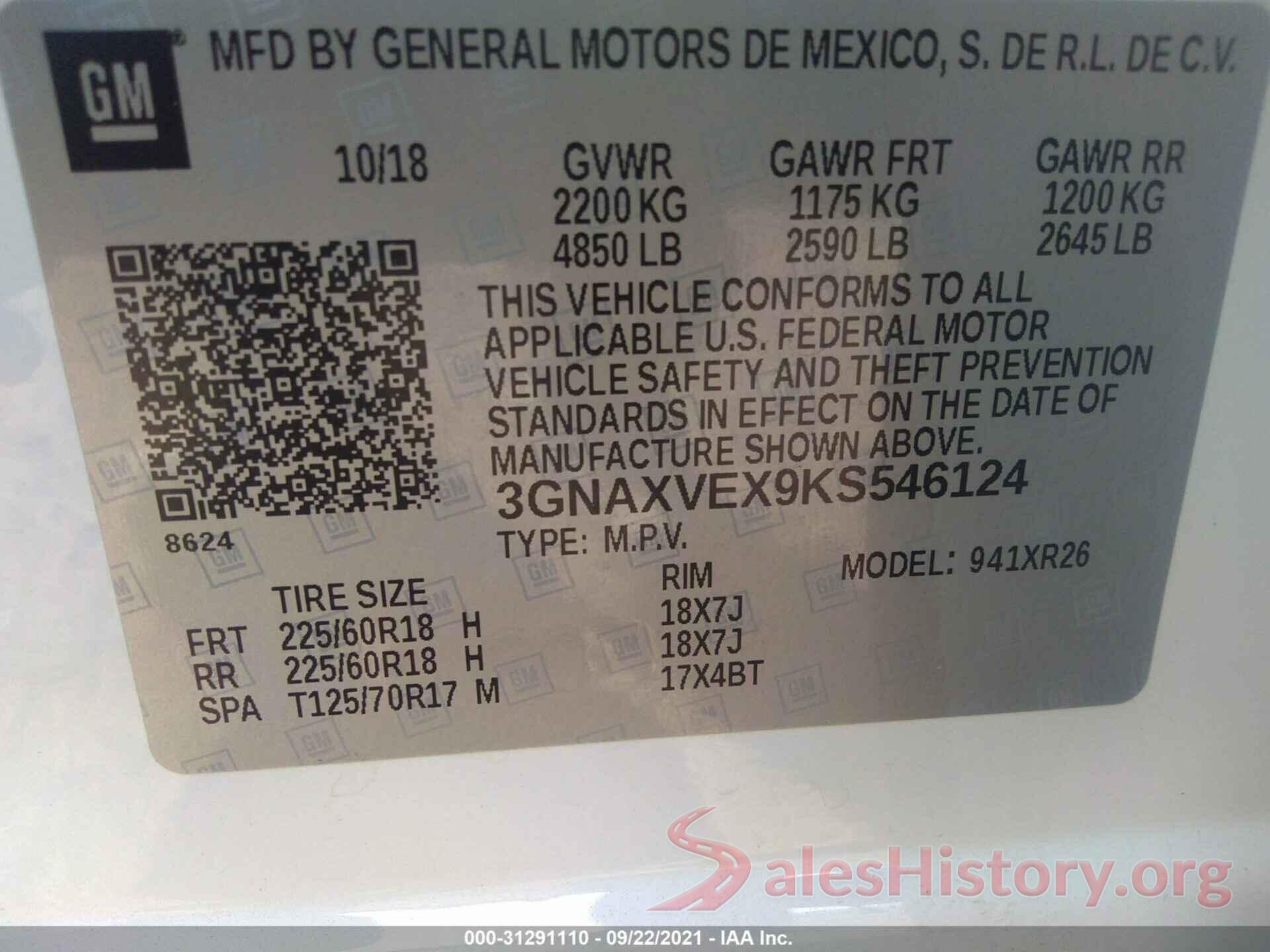 3GNAXVEX9KS546124 2019 CHEVROLET EQUINOX