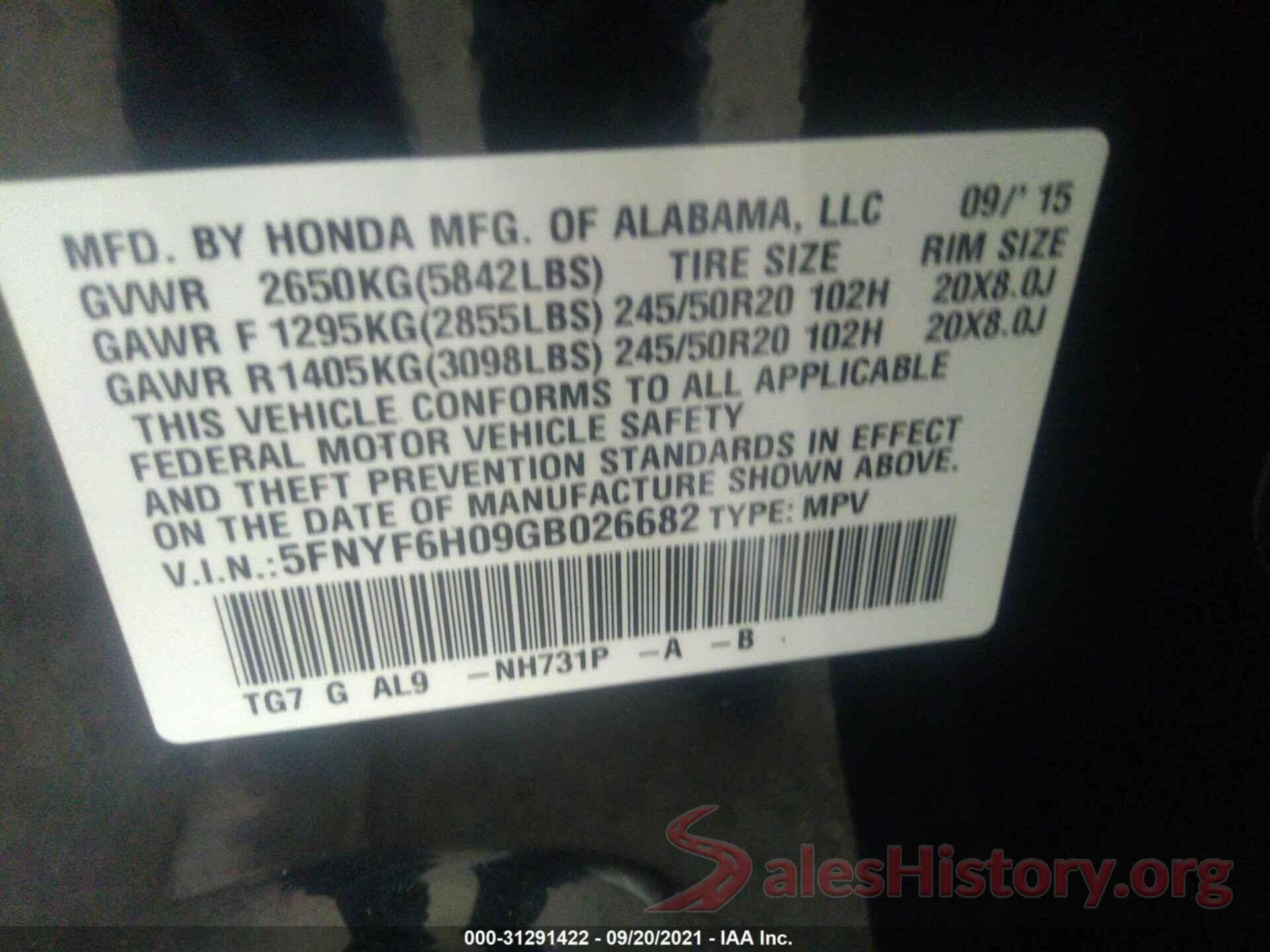 5FNYF6H09GB026682 2016 HONDA PILOT