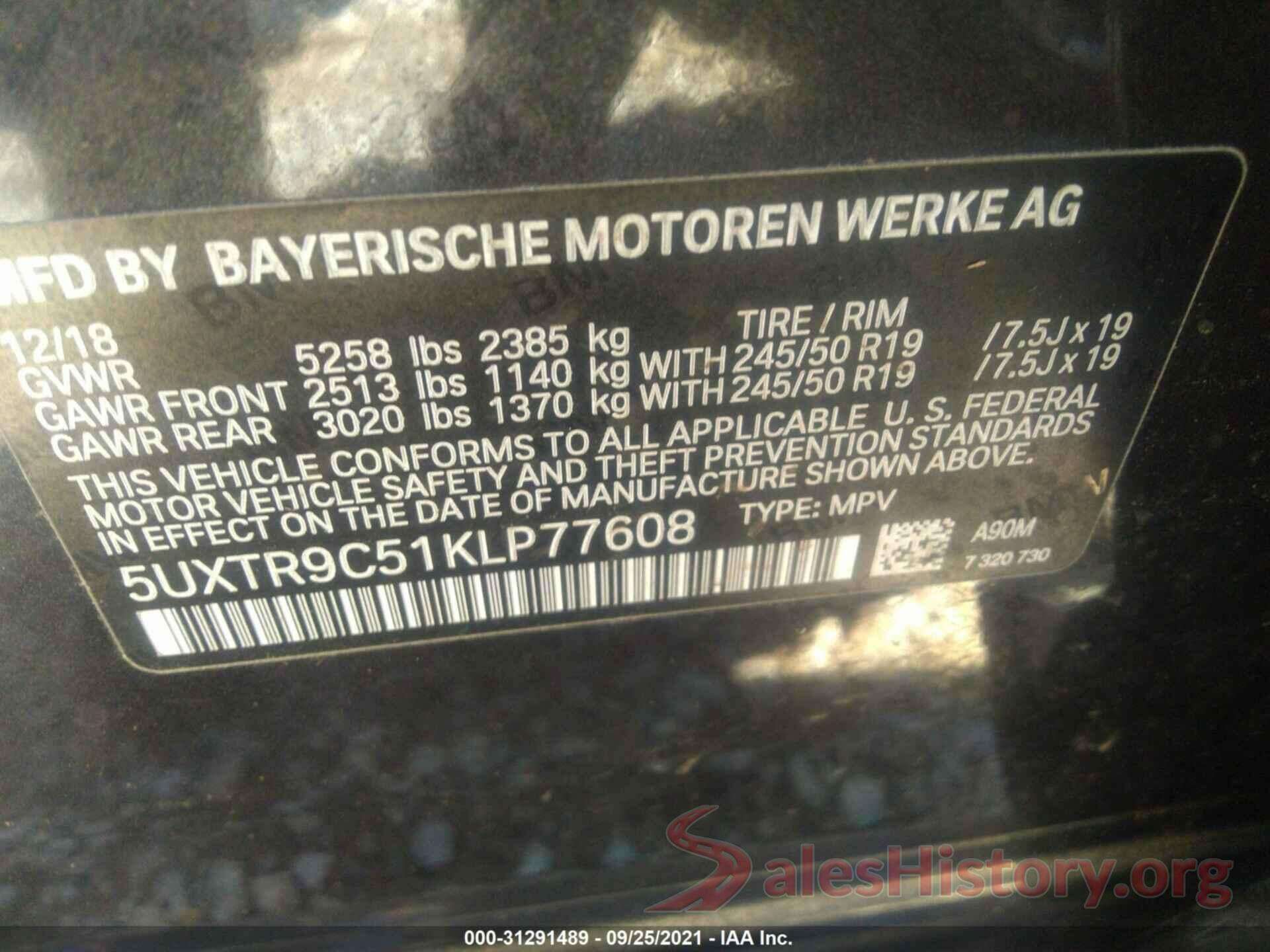 5UXTR9C51KLP77608 2019 BMW X3