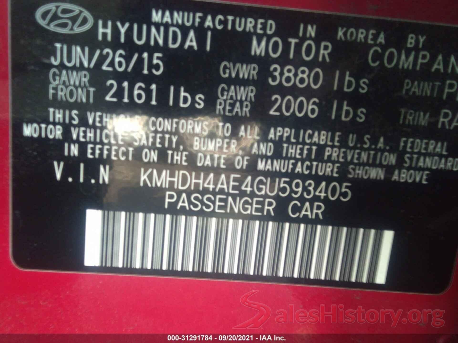 KMHDH4AE4GU593405 2016 HYUNDAI ELANTRA