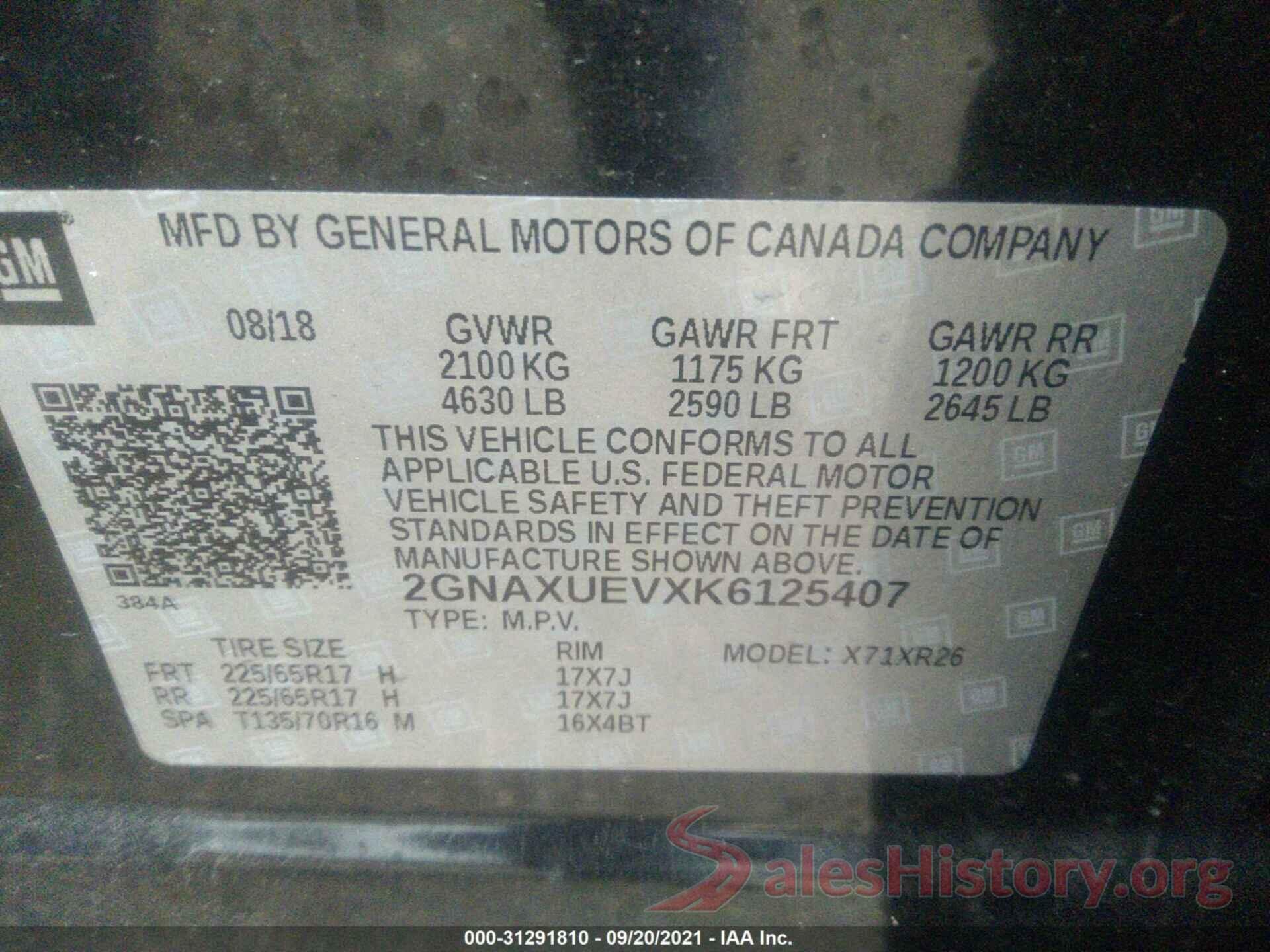 2GNAXUEVXK6125407 2019 CHEVROLET EQUINOX