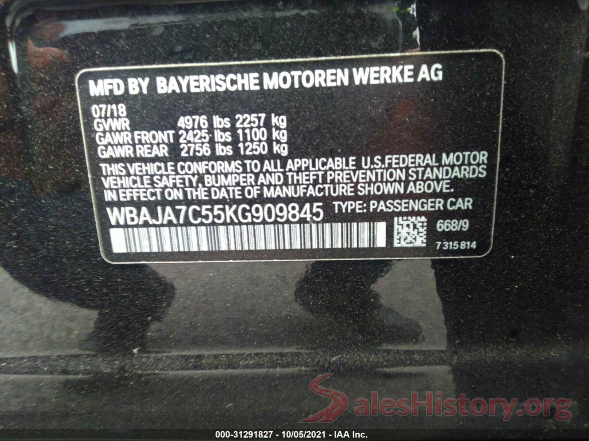 WBAJA7C55KG909845 2019 BMW 5 SERIES