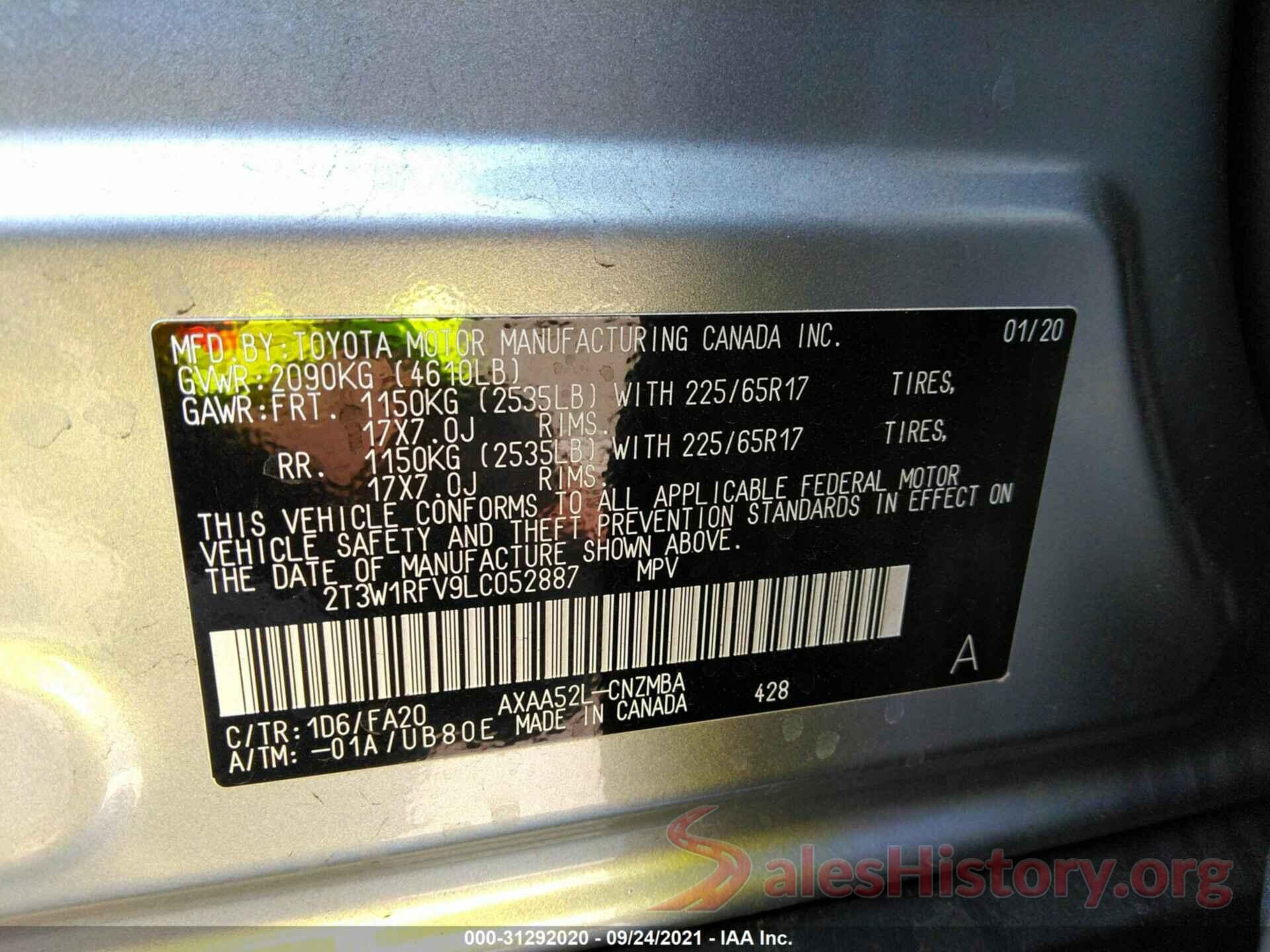 2T3W1RFV9LC052887 2020 TOYOTA RAV4