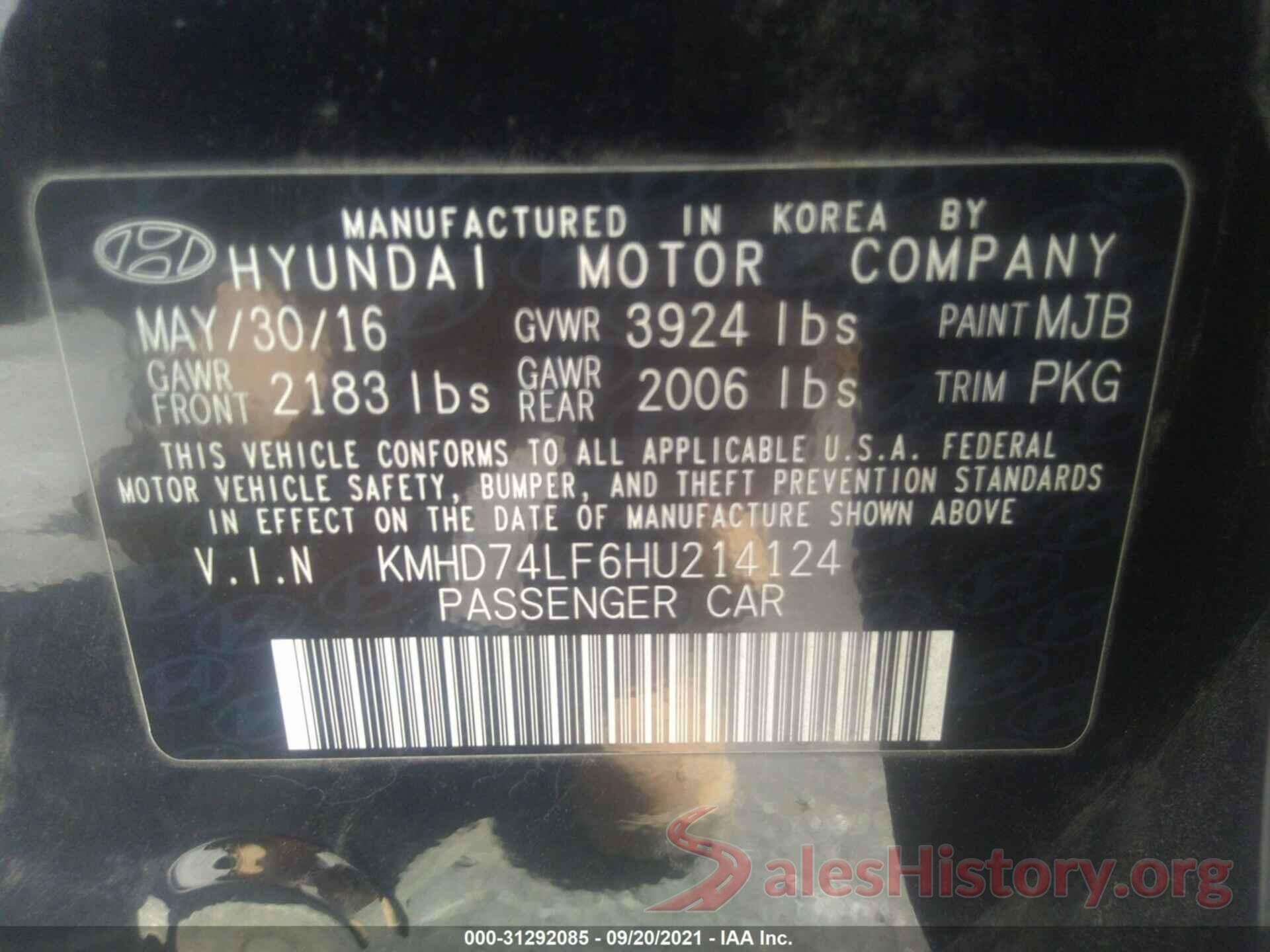 KMHD74LF6HU214124 2017 HYUNDAI ELANTRA