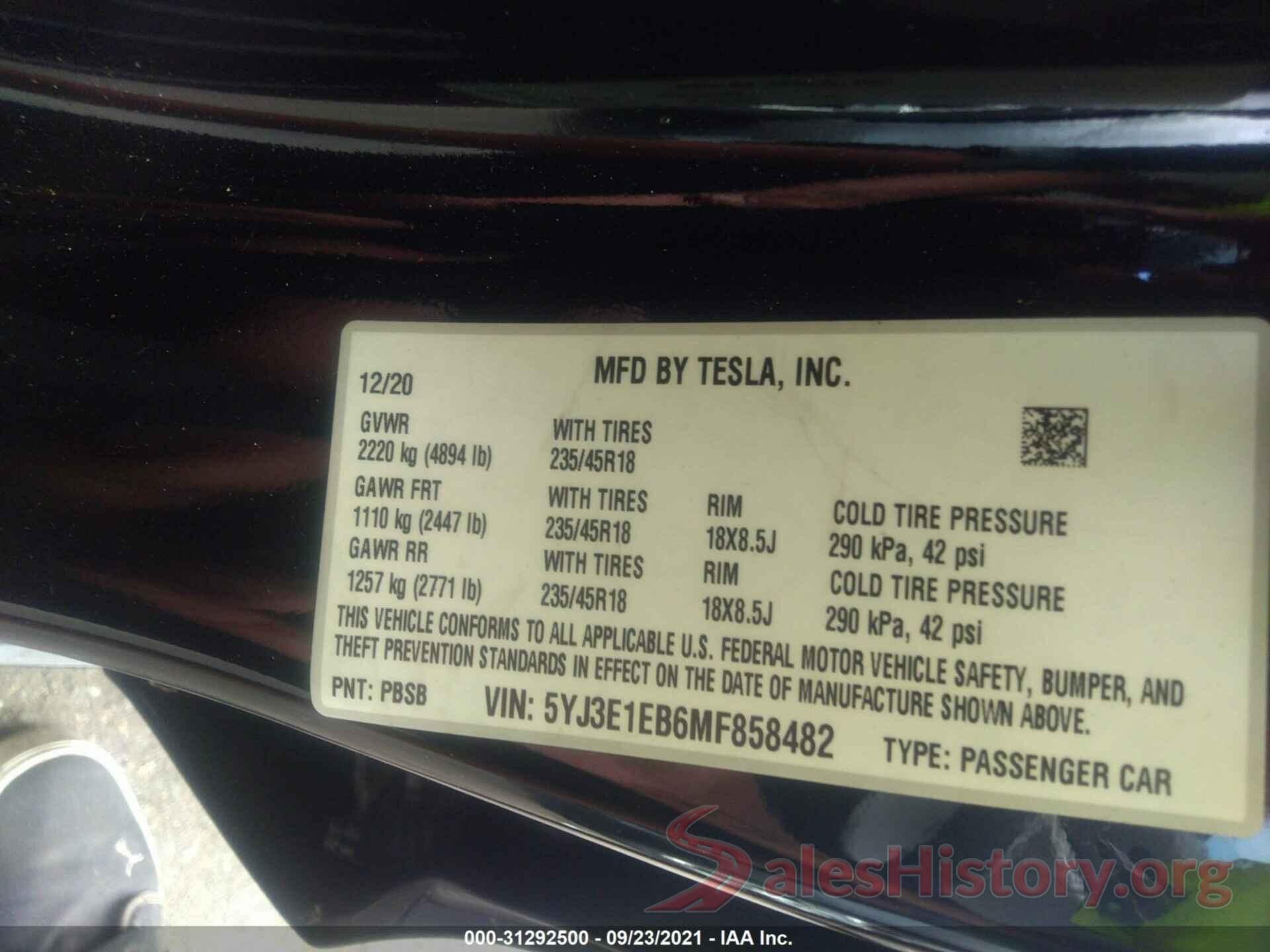 5YJ3E1EB6MF858482 2021 TESLA MODEL 3