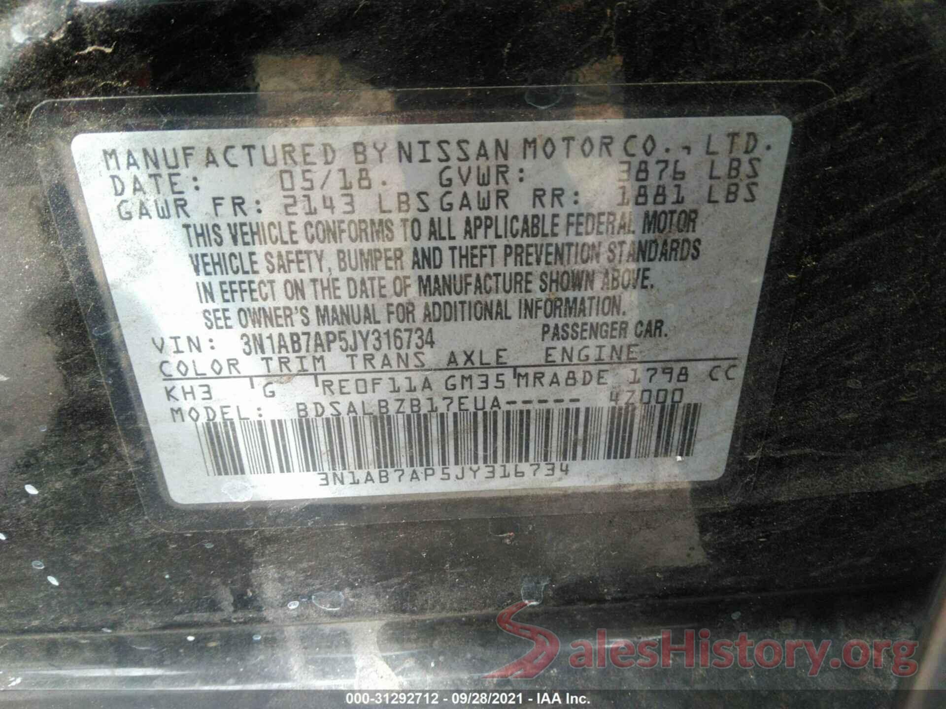 3N1AB7AP5JY316734 2018 NISSAN SENTRA