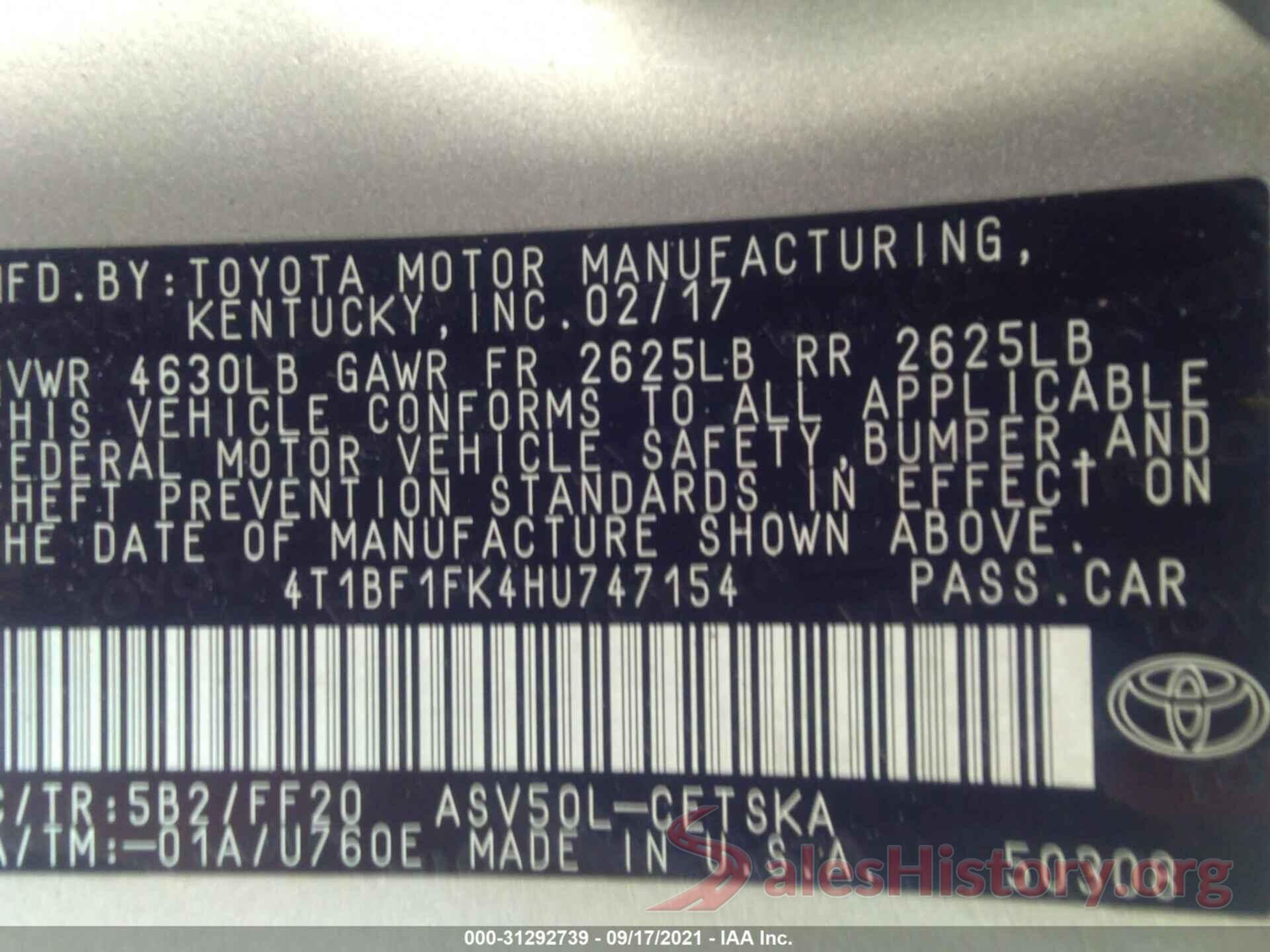 4T1BF1FK4HU747154 2017 TOYOTA CAMRY