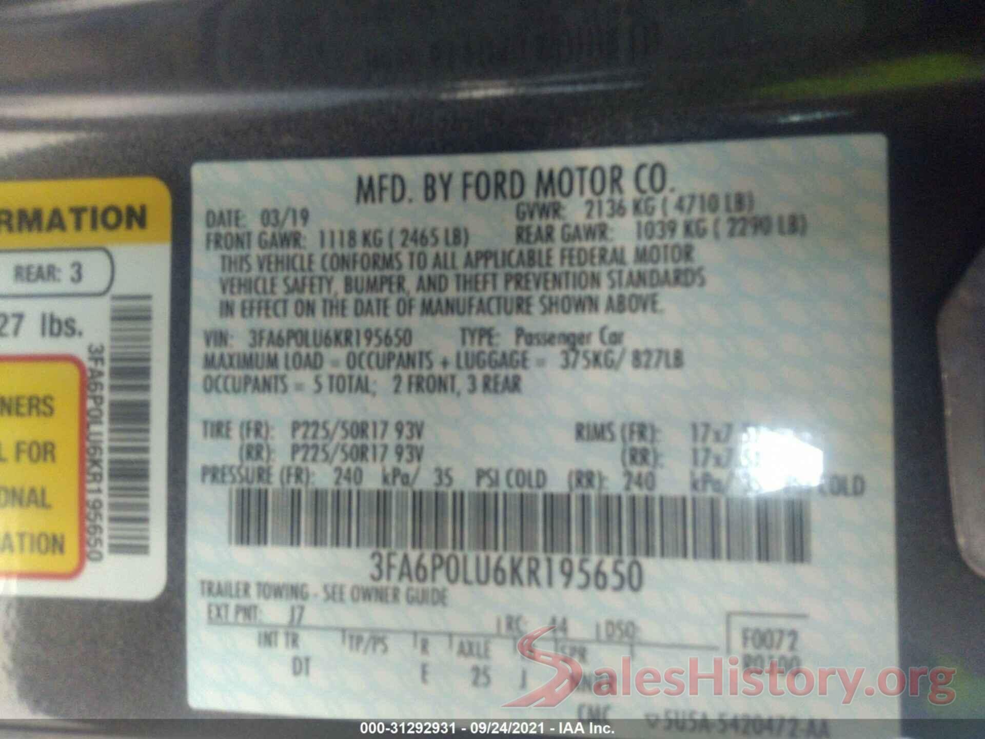 3FA6P0LU6KR195650 2019 FORD FUSION HYBRID