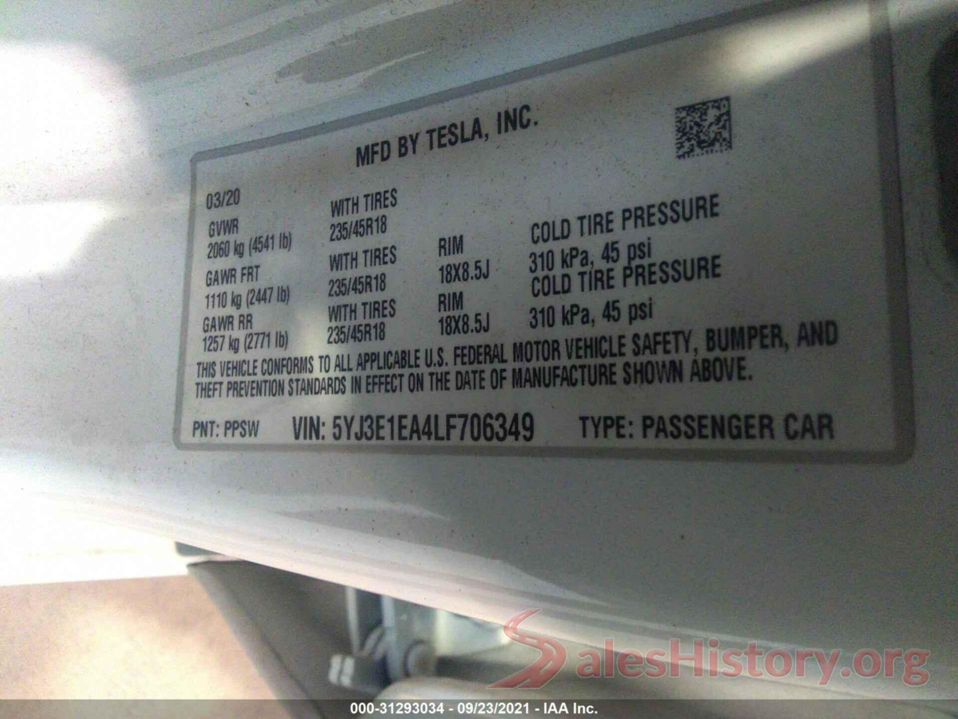 5YJ3E1EA4LF706349 2020 TESLA MODEL 3