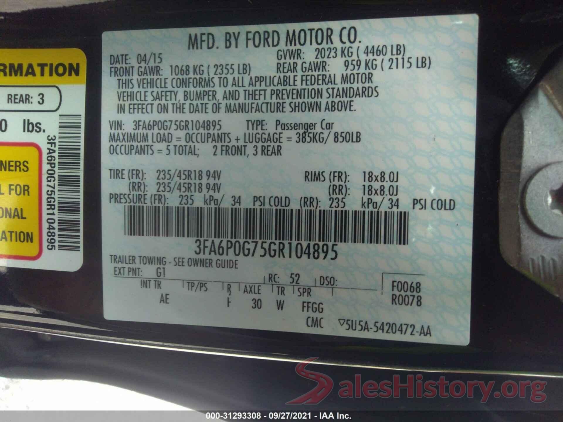 3FA6P0G75GR104895 2016 FORD FUSION